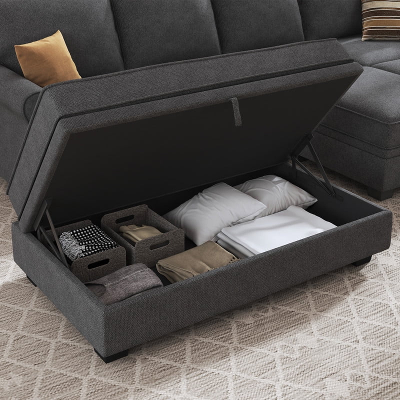 HONBAY Convertible Sofa Bed Storage Sleeper Sectional Sofa Couch with Storage and Storage Ottomans with Chaise Longue for Living Room and Home Office, Dark Grey