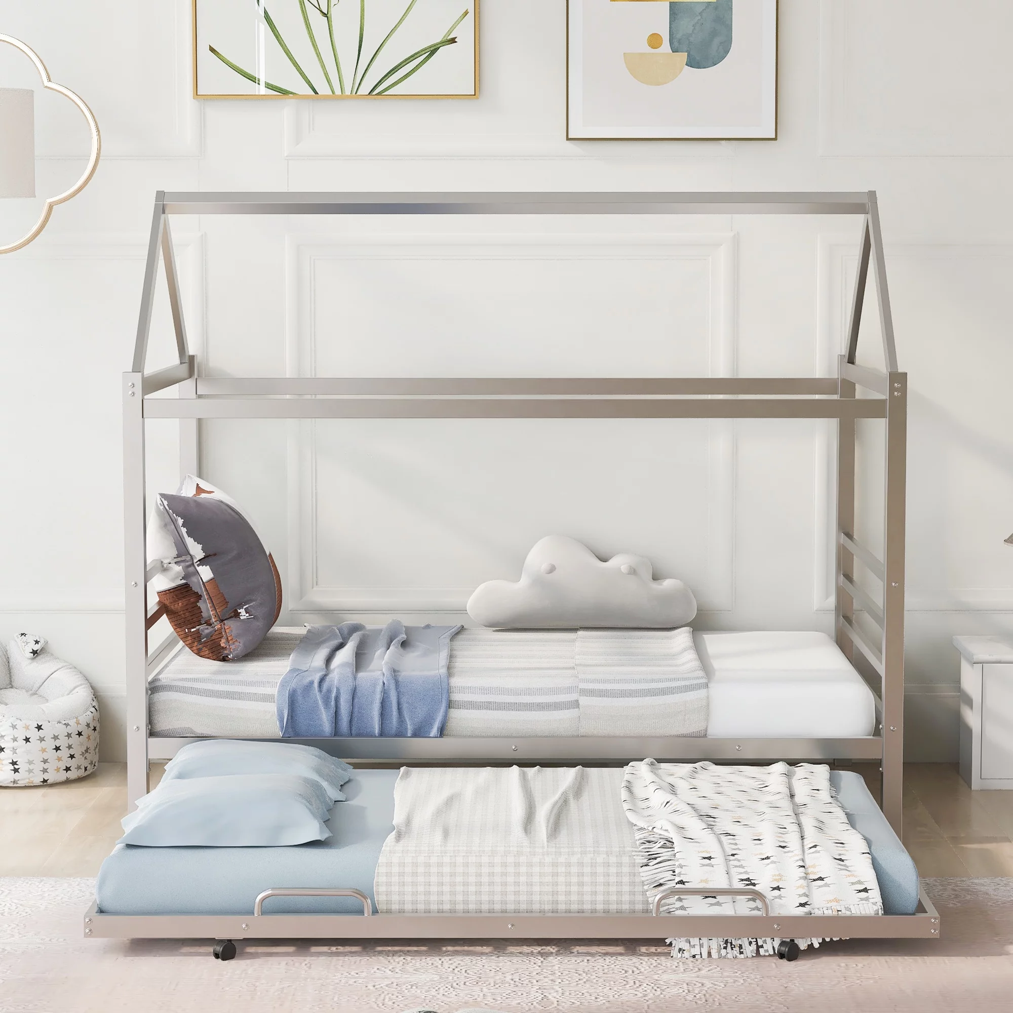 Momspeace Twin Size Metal House Shape Platform Bed with Trundle for Kids Teens Bedroom, Silver