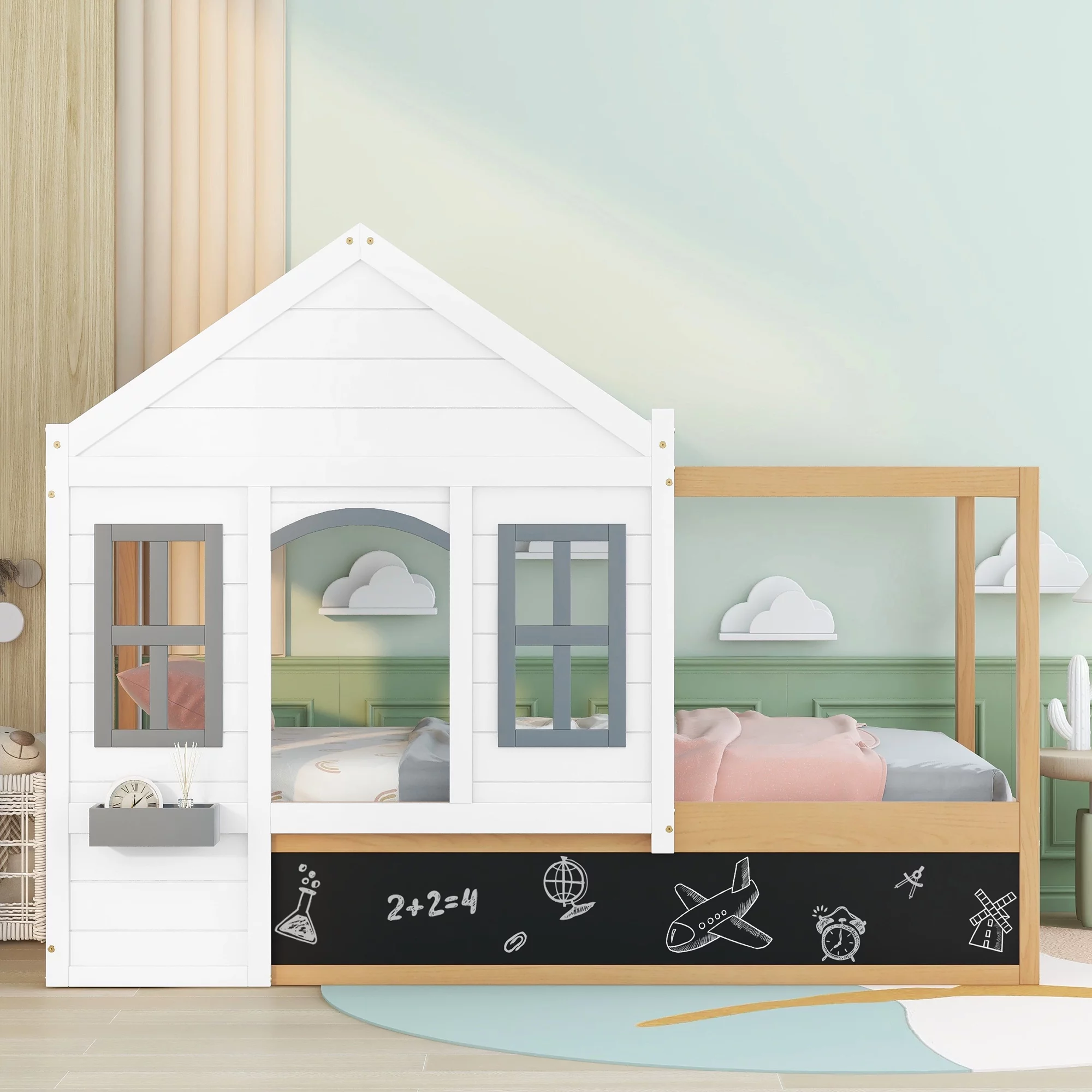 Euroco Wood Twin Size House Bed with Roof and Blackboard for Kids Bedroom, Canopy Platform Bed, White