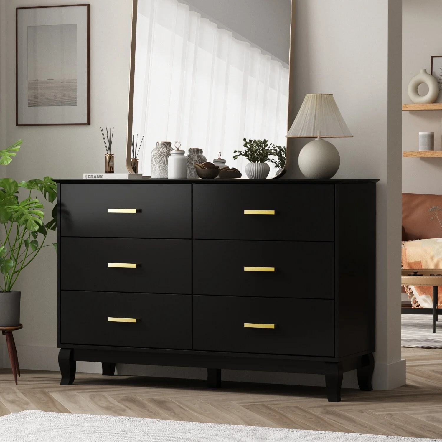 6 Drawer 47.2'' W Double Dresser Black/White Lacquer Chest Storage Black