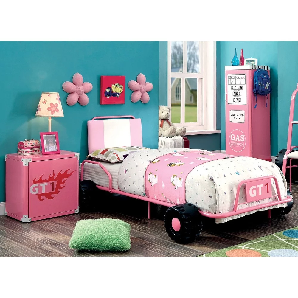 Furniture of America Tere Modern Twin Metal Upholstered Racing 3-piece Bedroom Set by Pink