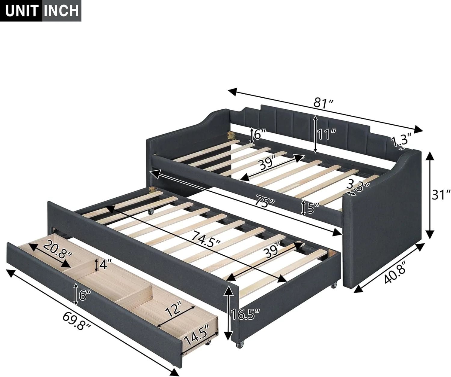 Upholstered Daybed With Trundle & 3 Drawers,Wooden Daybed With Trundle And Storage, Captain’S Bed For Bedroom, Living Room, Guest Room, Grey