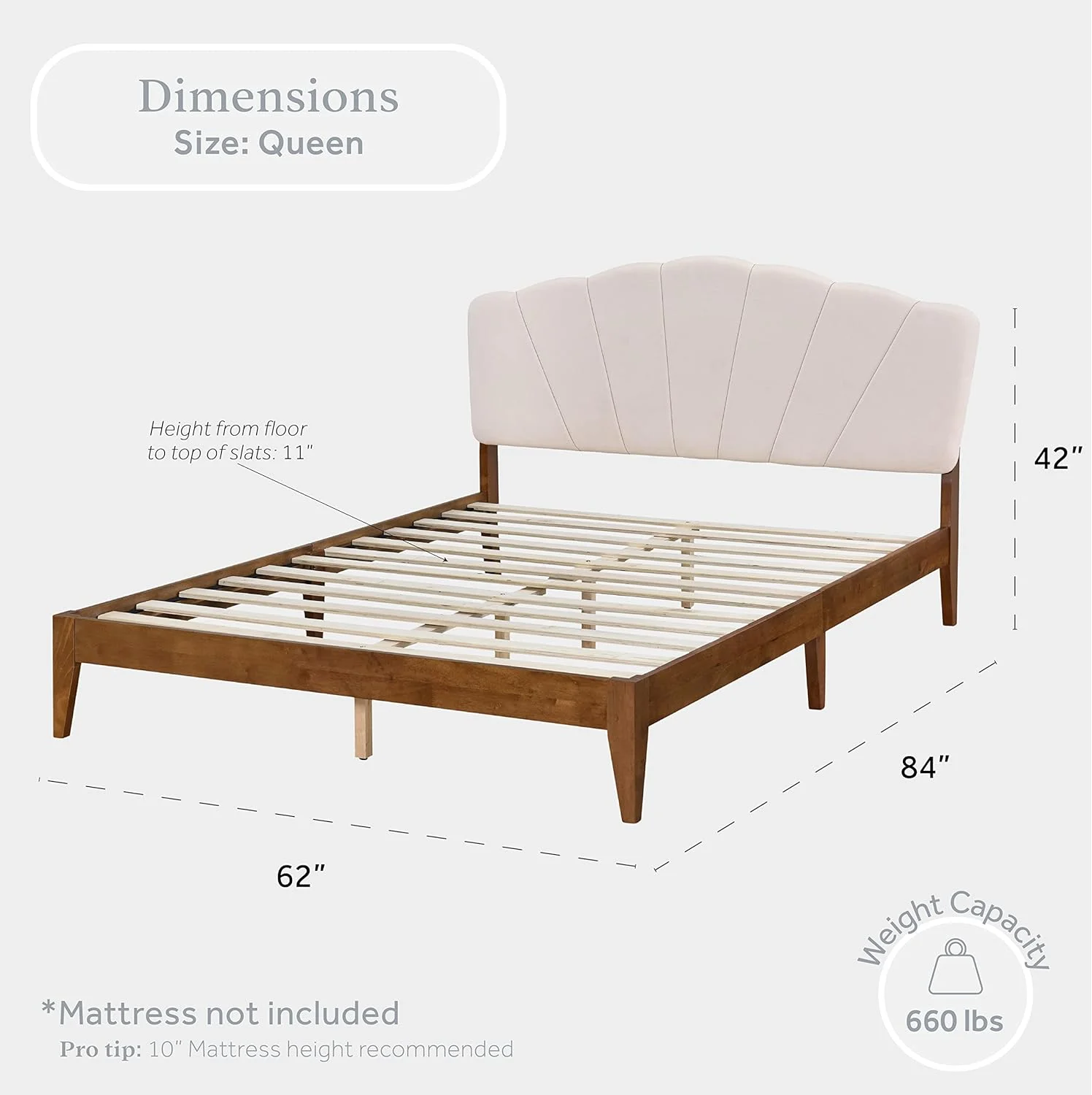 Scalloped Solid Wood And Upholstered Queen Platform Bed Frame In Cream, Beautiful Walnut Finish, Wood Frame, Wood Legs, Wooden Slat Support System; Upholstered Headboard, Cream