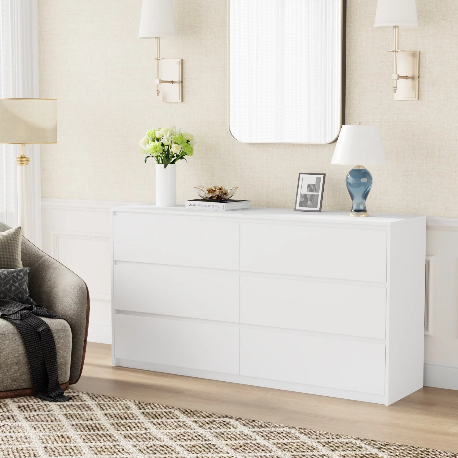 Timechee 6 Drawer 59'' W Chest&Dresser White/Dark Brown White