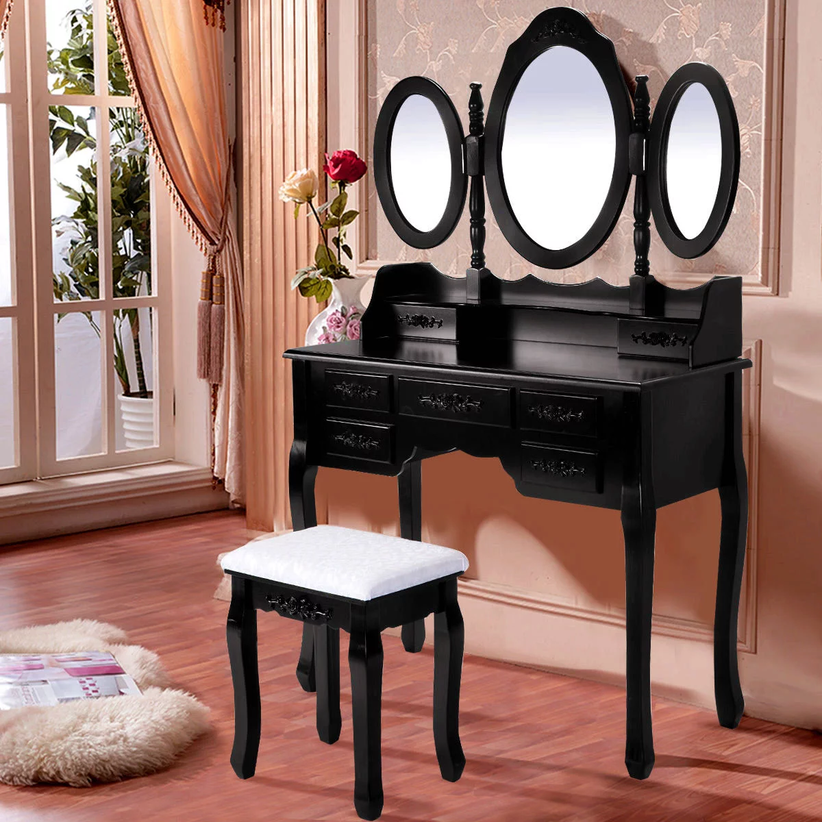 UBesGoo Vanity Makeup Table Set,Tri Folding Mirror Dressing Table 7 Drawers/Stool (Black)