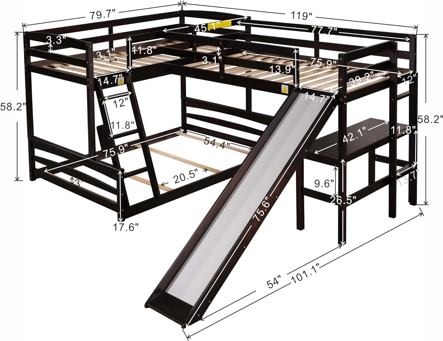 3 I 1 Buk Bed Over Full Buk Bed With Size Loft Bed With Desk Ad Slide For Kids Boys Girls,Full-Legth Guardrail, Espresso