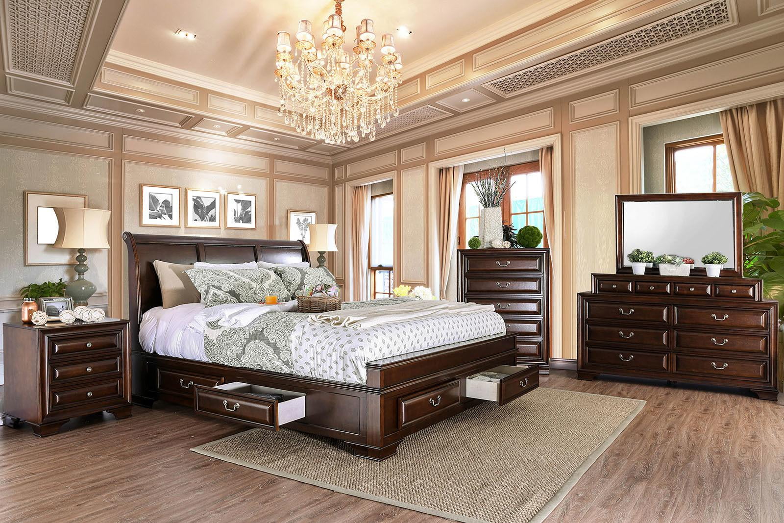Transitional Brown Cherry Solid Wood Queen Bedroom Set 6pcs FOA CM7302CH Brandt