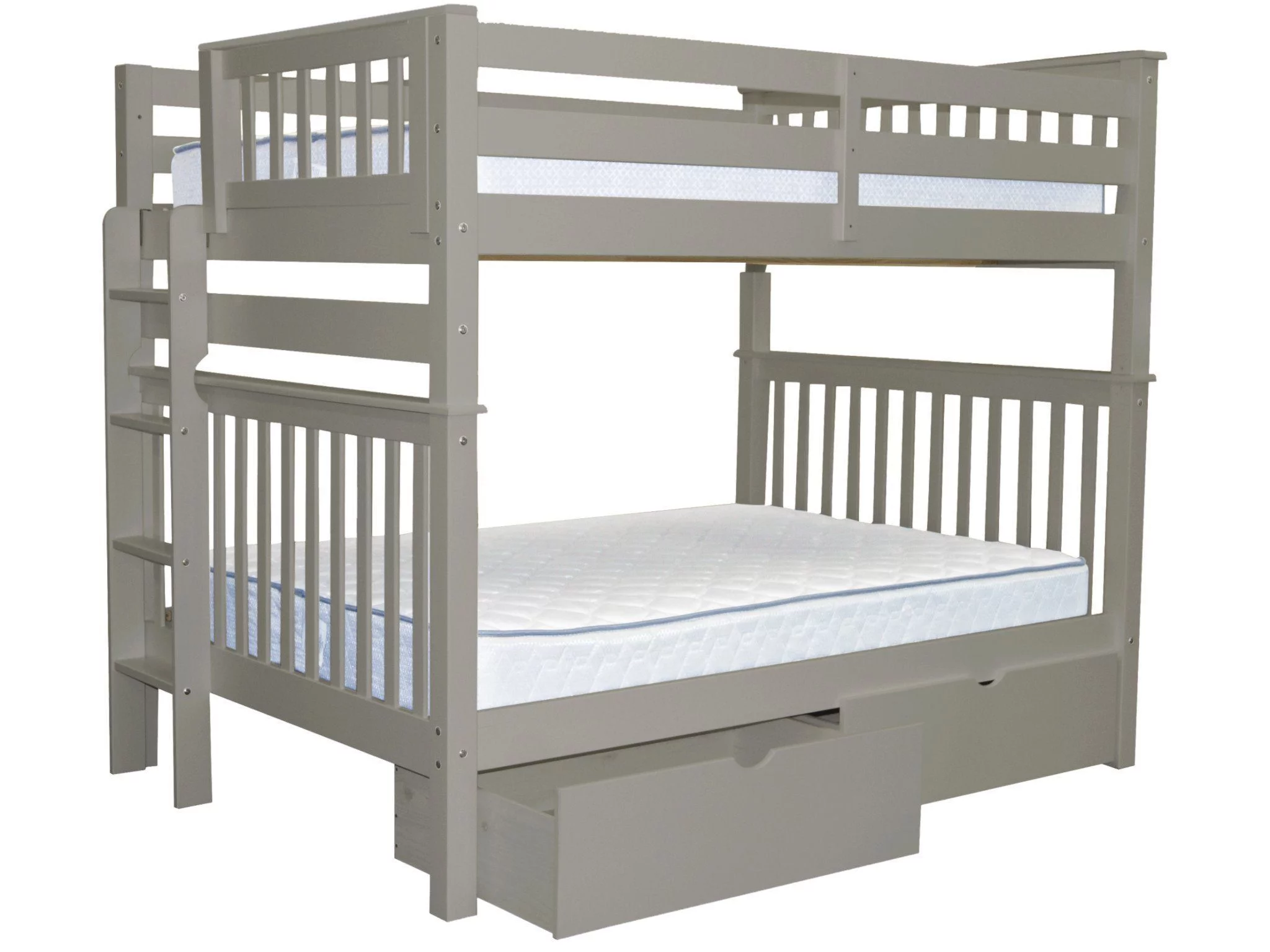 Bedz King Bunk Beds Full over Full Mission Style with End Ladder and 2 Under Bed Drawers, Gray