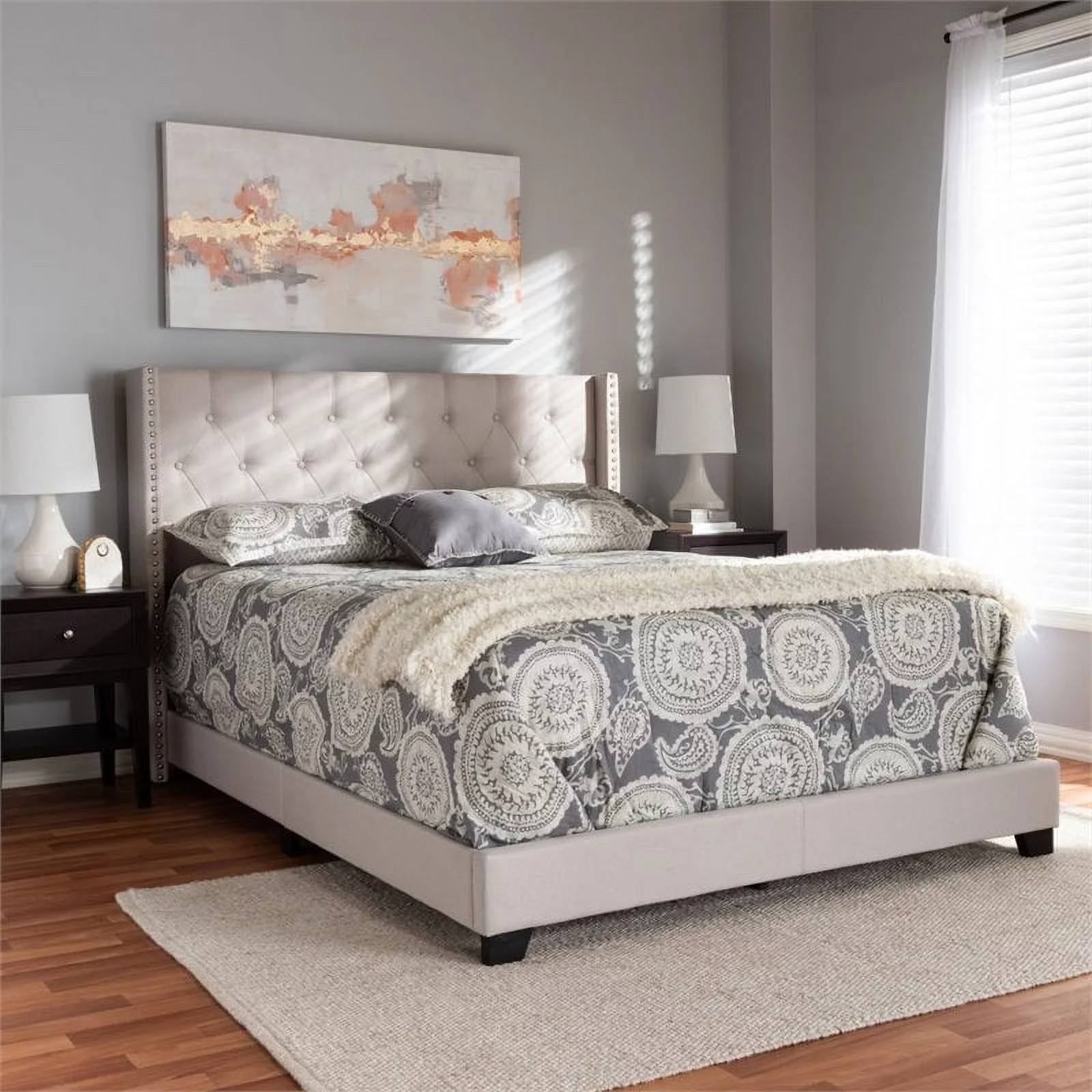 Bowery Hill Modern Upholstered Fabric Tufted Queen Bed in Beige