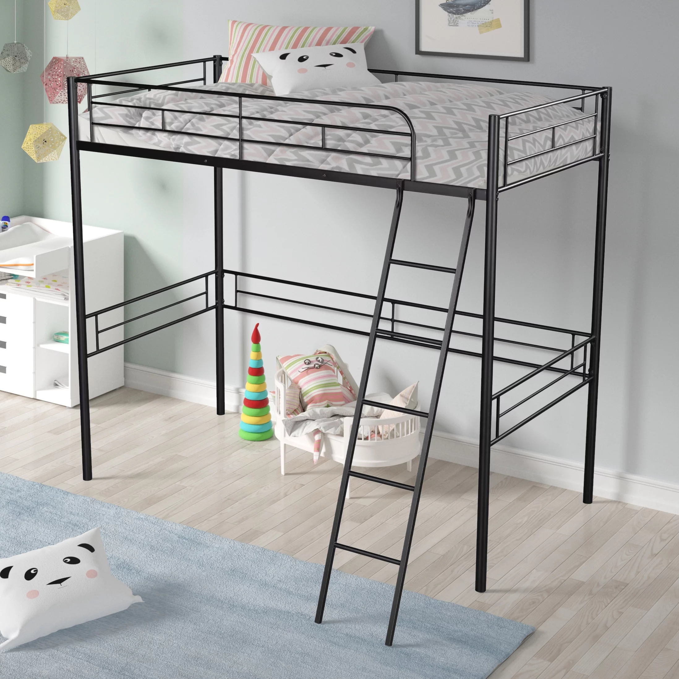 Kids Child Metal Twin Loft Bed with Ladder, Slats Foundation Bed Frame with Guardrails, Under-Bed Play Study Space Room