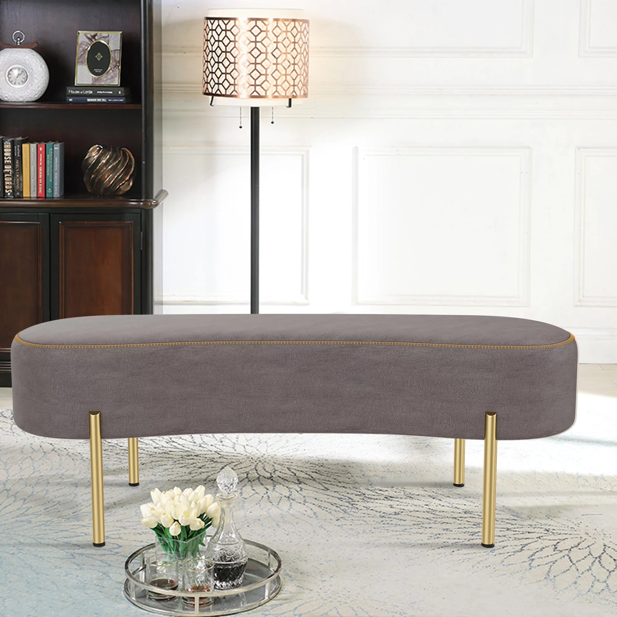 Andeworld Upholstered Ottoman Bench Seat with Gold Legs,Sitting Bench Living Room Bench for Bedroom Indoor Benches(Grey)