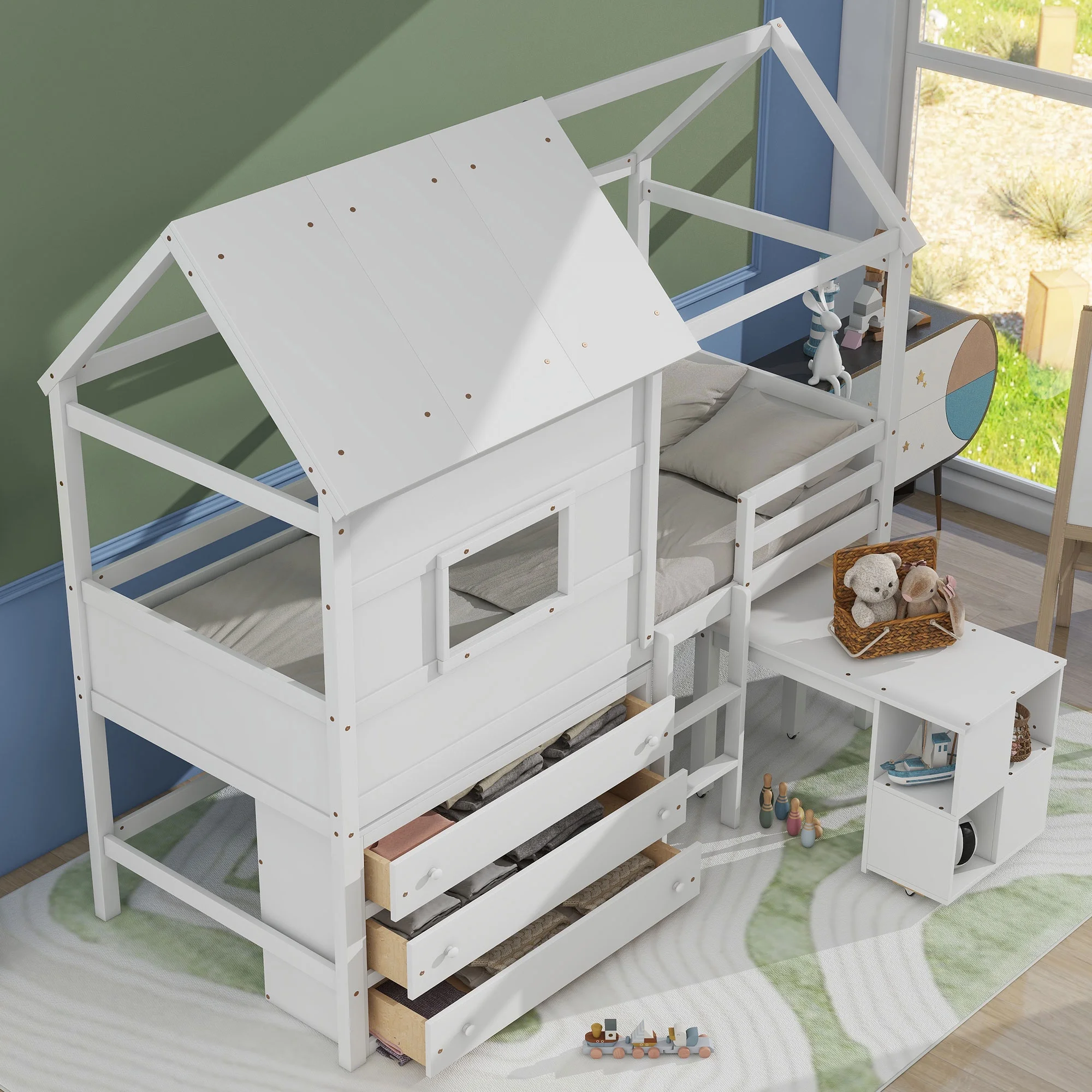 Euroco Wood Twin Size Loft Bed with Movable Desk for Kids, Low Profile Loft Bed with Storage Shelf and Drawers for Kids Teens Adults, House Bed with Roof and Window, White