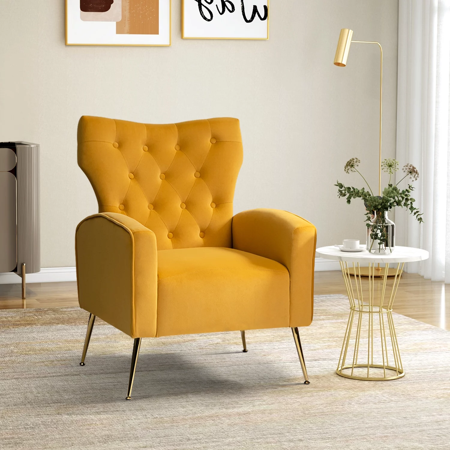 Fall Home Decor Velvet Accent Chair Button Tufted Armchair Metal Legs Adult Living Room Mustard