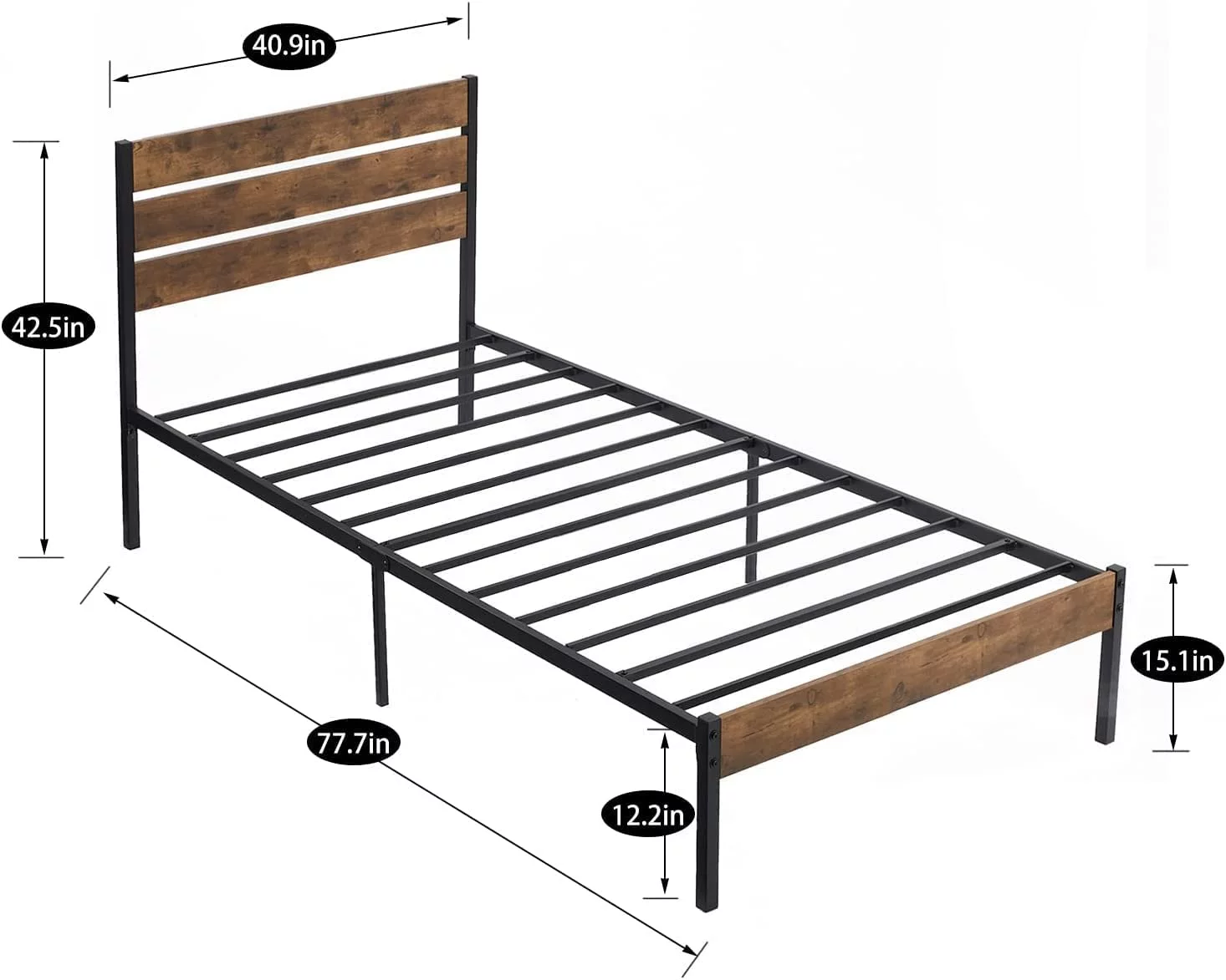 Platform Twin Bed Frame with Rustic Vintage Wood Headboard and Footboard, Mattress Foundation, Strong Metal Slats Support, No Box Spring Needed