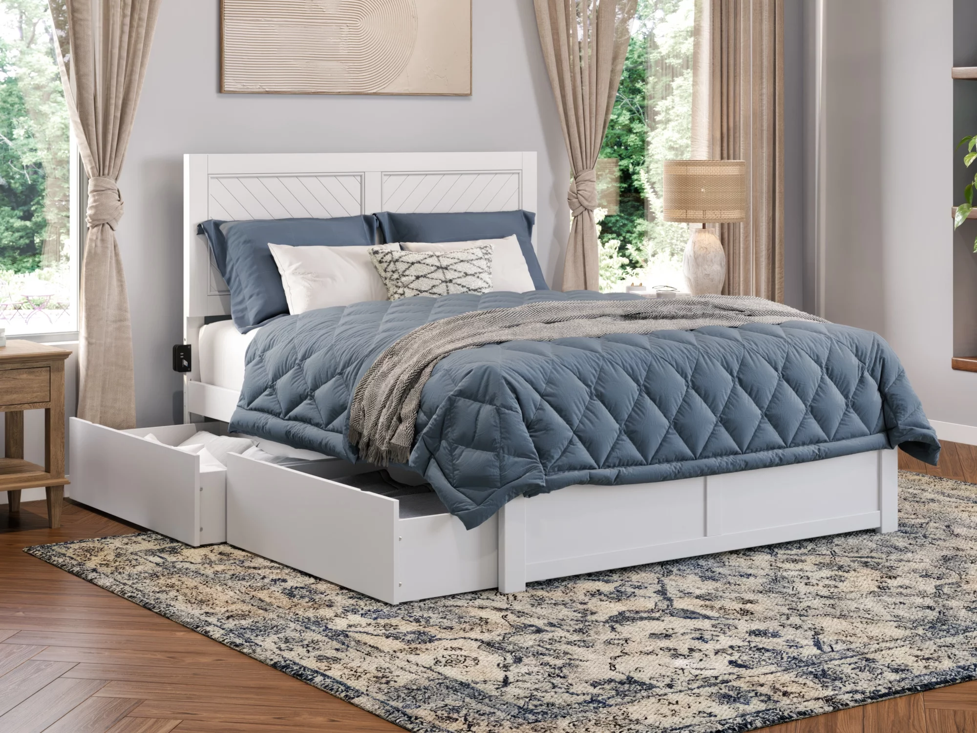 AFI Canyon White Solid Wood Platform Bed with Footboard & Set of 2 Storage Drawers, Full