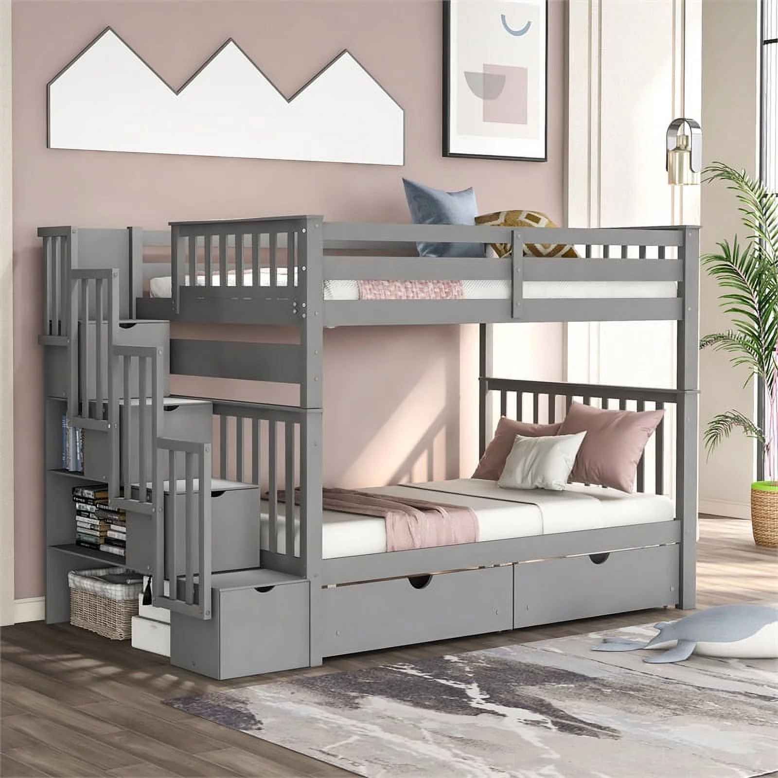 CRO Decor Full Over Full Bunk Bed with Shelves and 6 Storage Drawers (Gray)