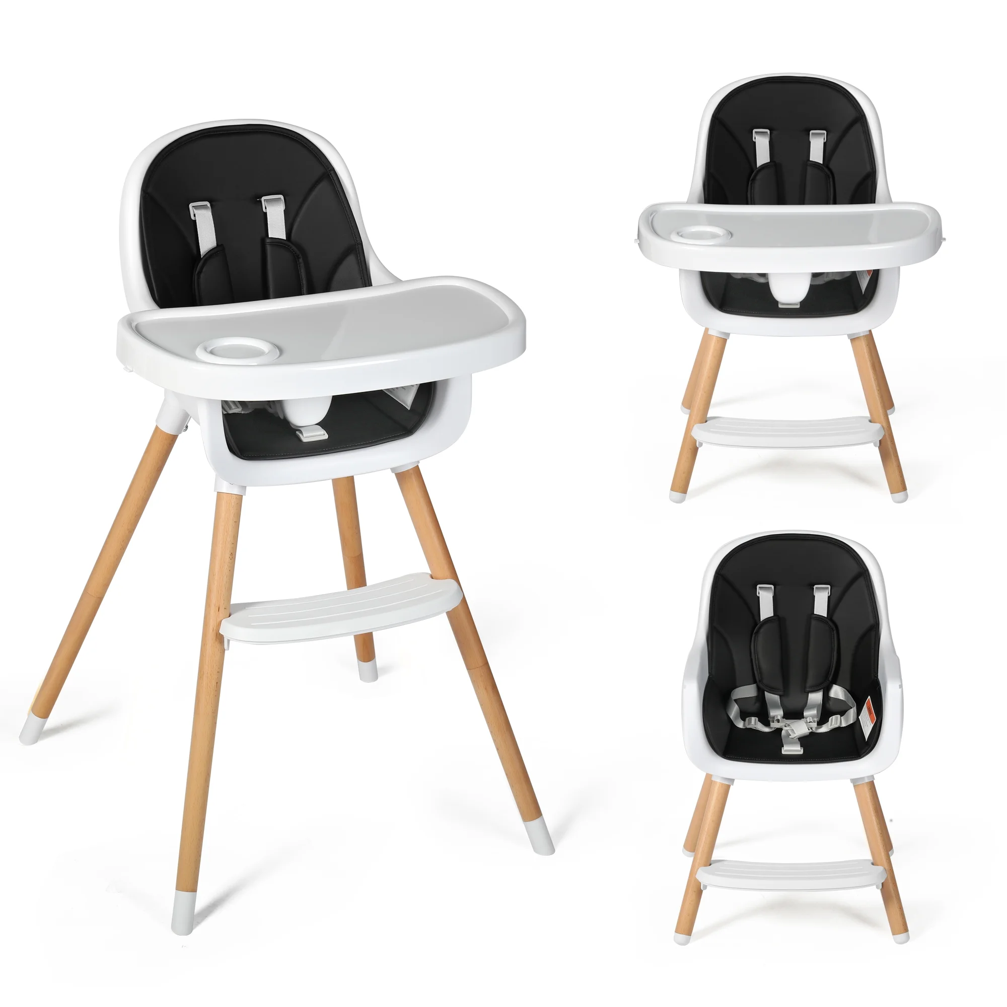 AILEEKISS 3 in 1 Wooden Baby High Chair Infant Feeding Chair with Double Removable Tray, Black