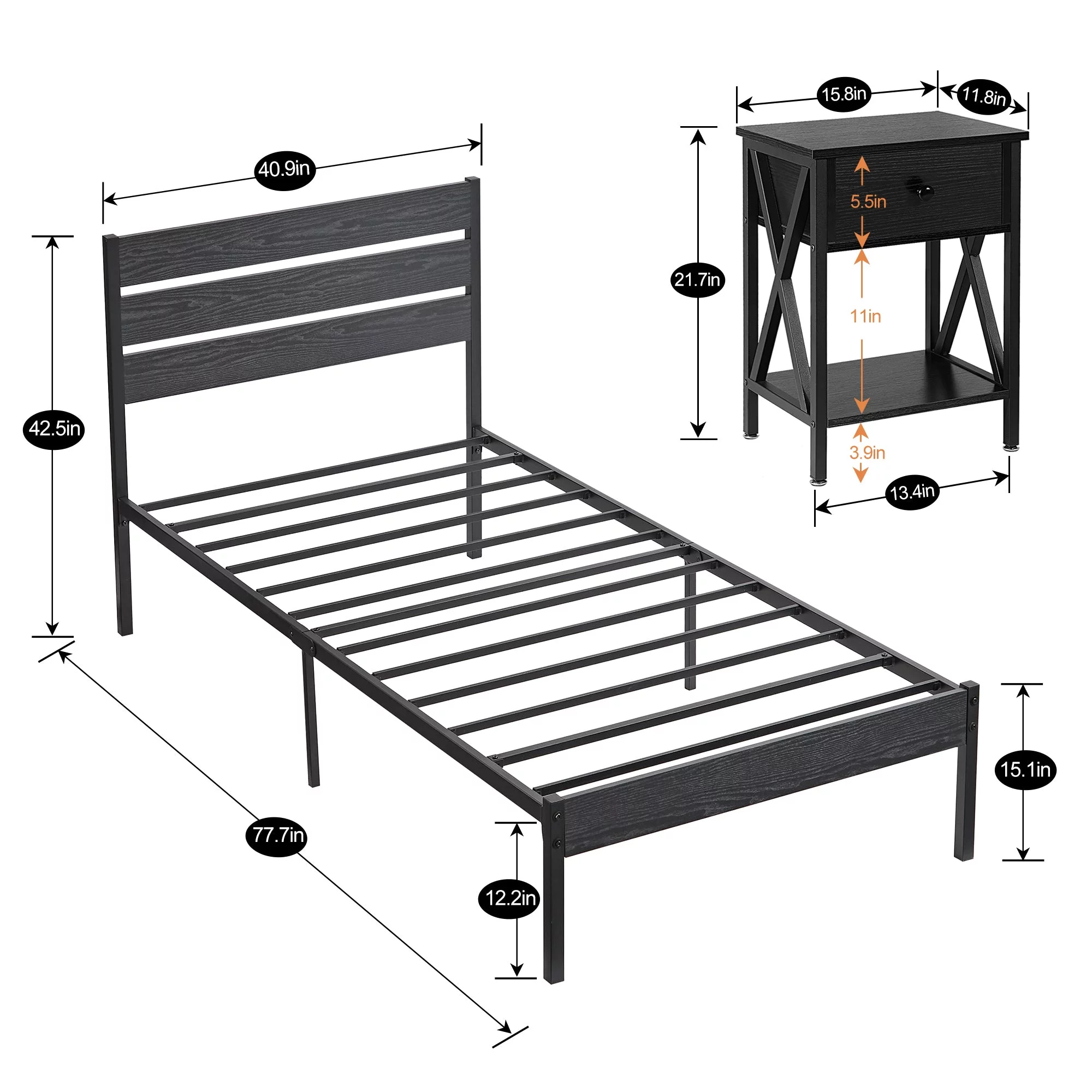 VECELO 3-piece Bedroom Set Include Twin Bed Frame with 2 Nightstands, Black
