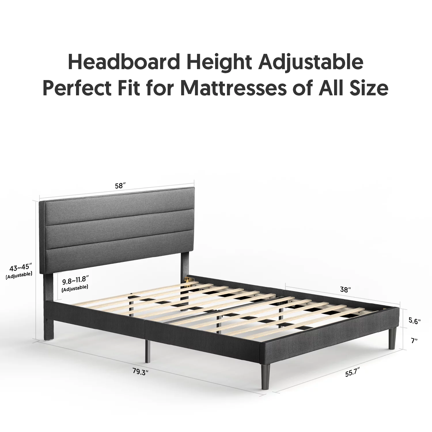 Full Size Bed Frame Modern Horizontal Panel Upholstered Low Profile Platform with Tufted Headboard/No Box Spring Needed/No Bed Skirt Needed/Linen Fabric Upholstery, Grey