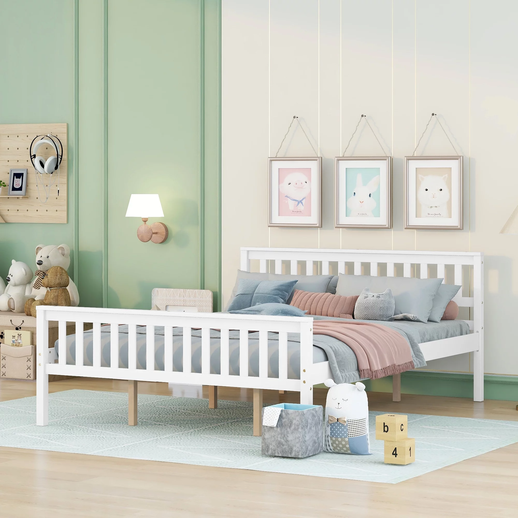 BTMWAY Queen Platform Bed Frame, Wood Queen Size Bed Frame with Headboard, Modern Queen Bed Frame No Box Spring Needed with Wood Slats, Bedroom Furniture Bed Frame Queen Size for Kids Adults, White