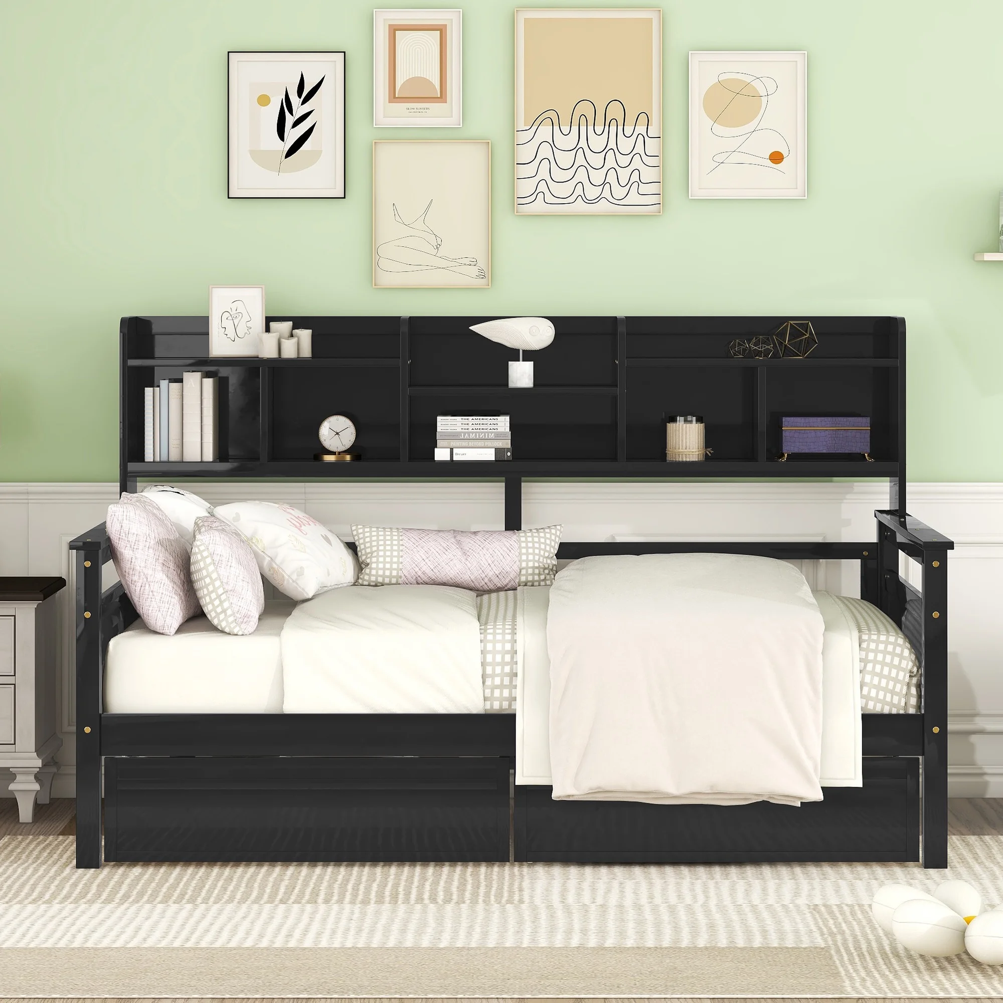Twin size Daybed, Wood Slat Support, with Bedside Shelves and Two Drawers, Espresso