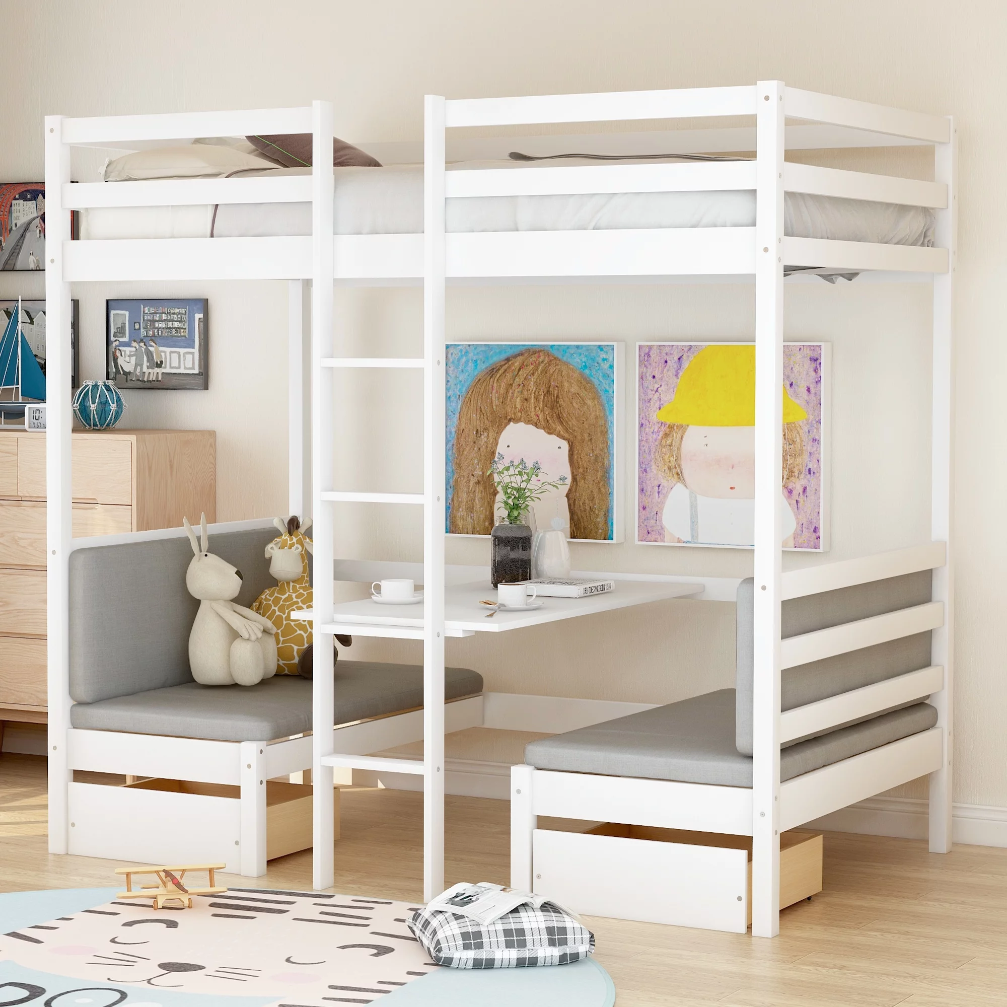 Andoer Functional Loft Bed (turn into upper bed and down desk,cushion sets are free),Twin Size,White