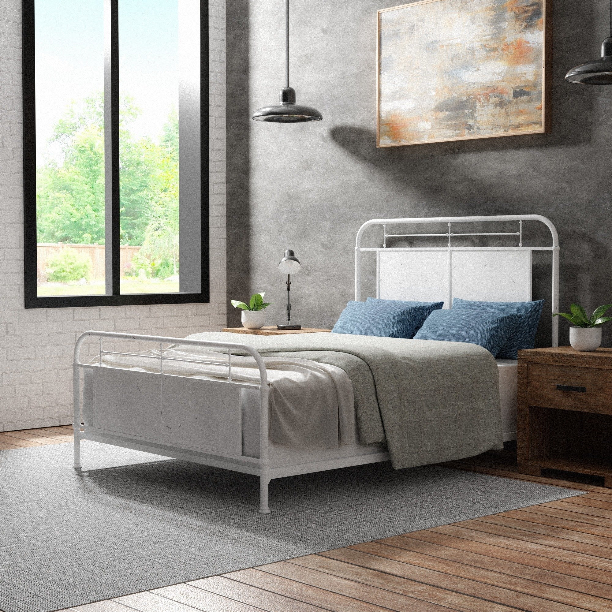 Furniture of America Ways Industrial Metal Panel Bed with Support Legs Distressed White Eastern King