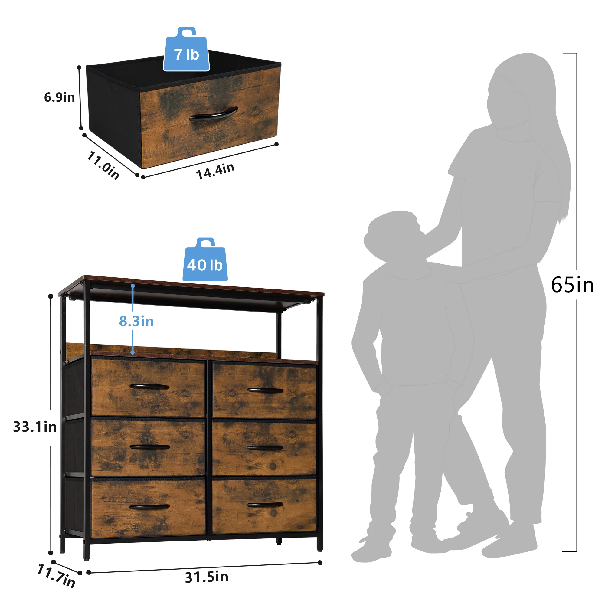 LYNCOHOME Dresser with 6 Fabric Drawers for Bedroom, Modern Chest of Drawers for Closet, Storage Cabinet, Rustic Brown Finish