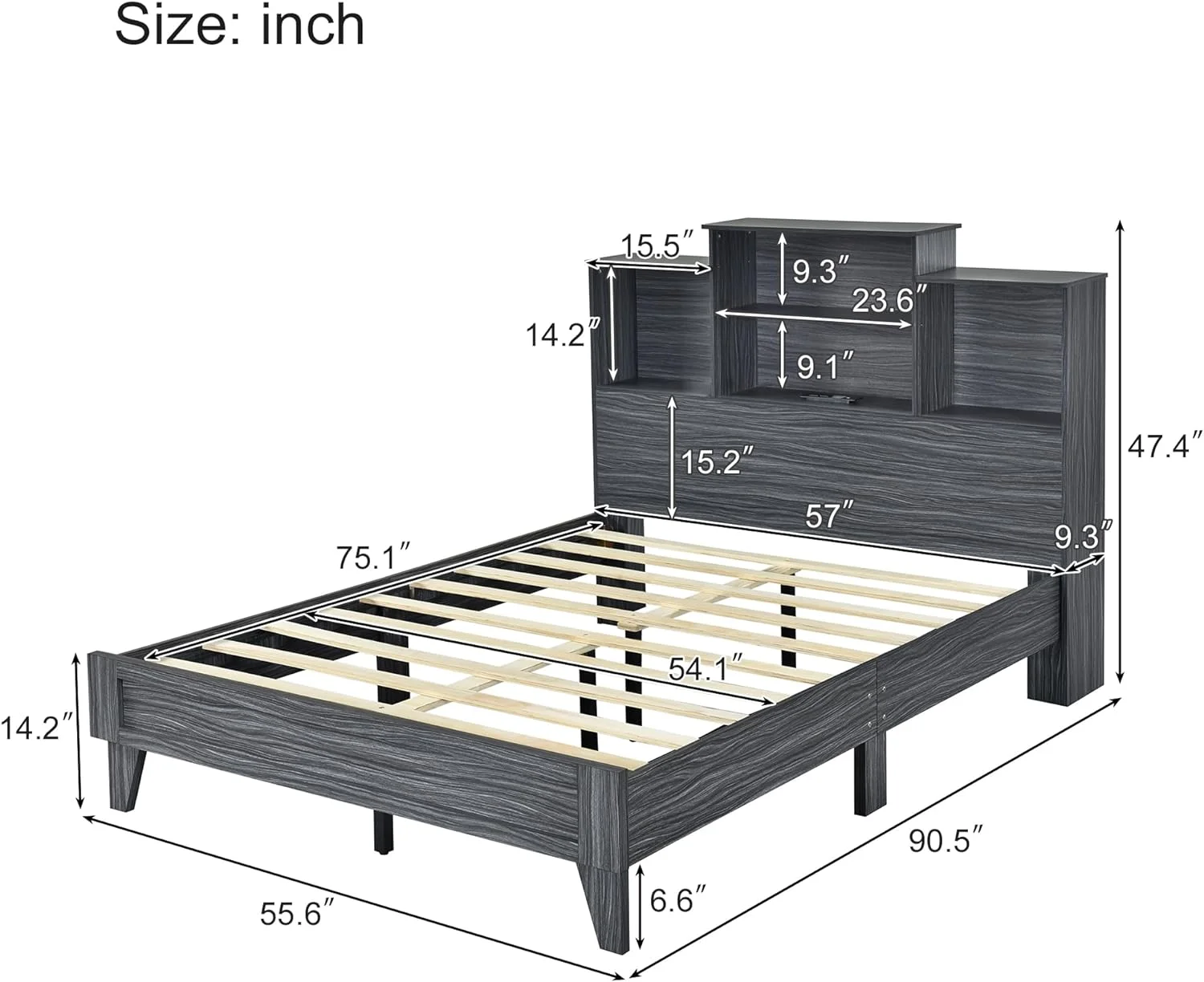 Full Size Storage Platform Bed Frame With 4 Ope Storage Shelves Ad USB Chargig Desig, Wood Platform Bed With Bookcase Headboard For Bedroom, Gray