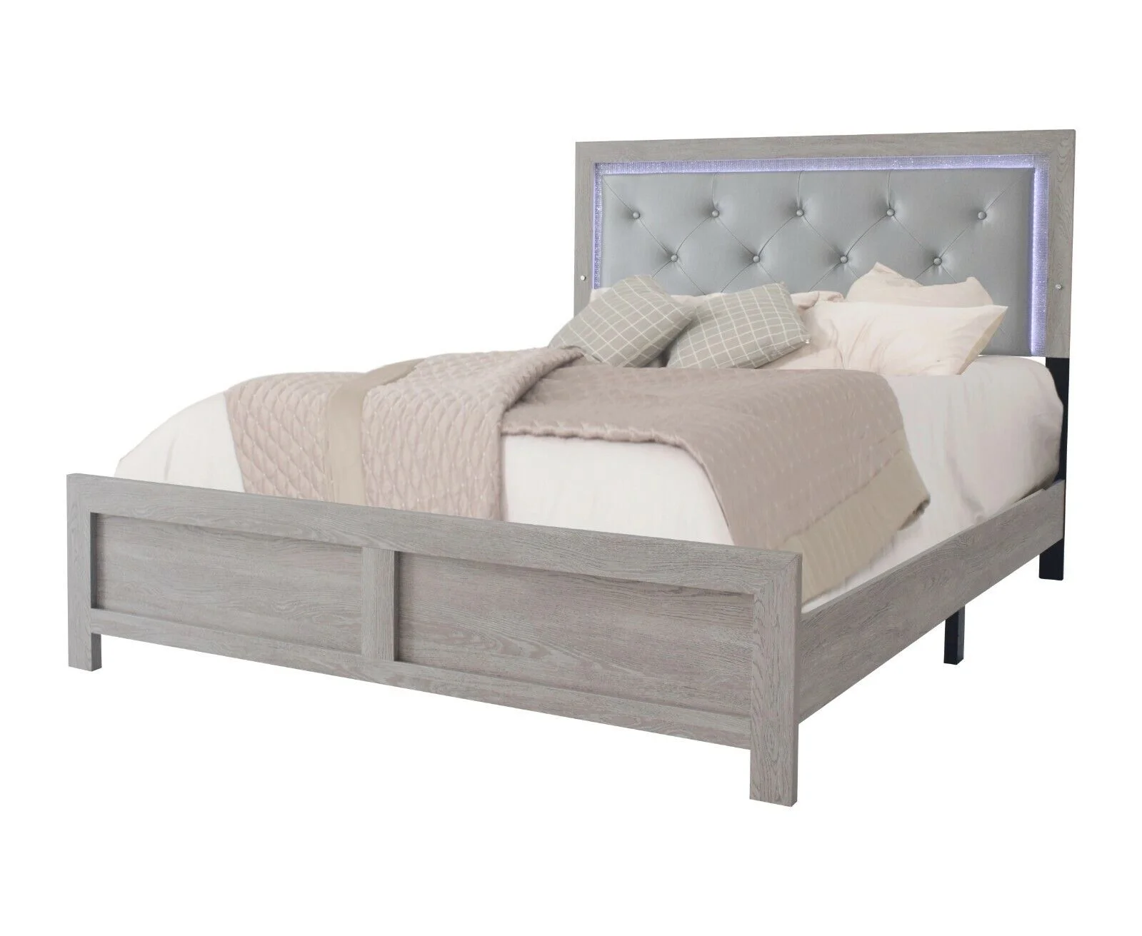Modern 5pc Queen Size PU Upholstered LED Headboard Bed Dresser Mirror Nightstands Wooden Bedroom Furniture Set
