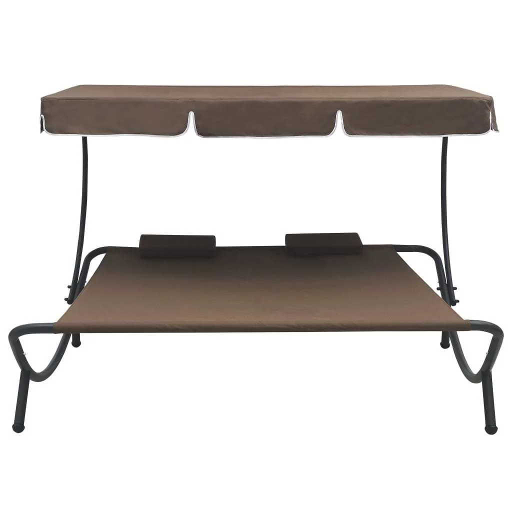 Outdoor Lounge Bed with Large Canopy and 2 Pillows Brown Patio Double Sun Bed