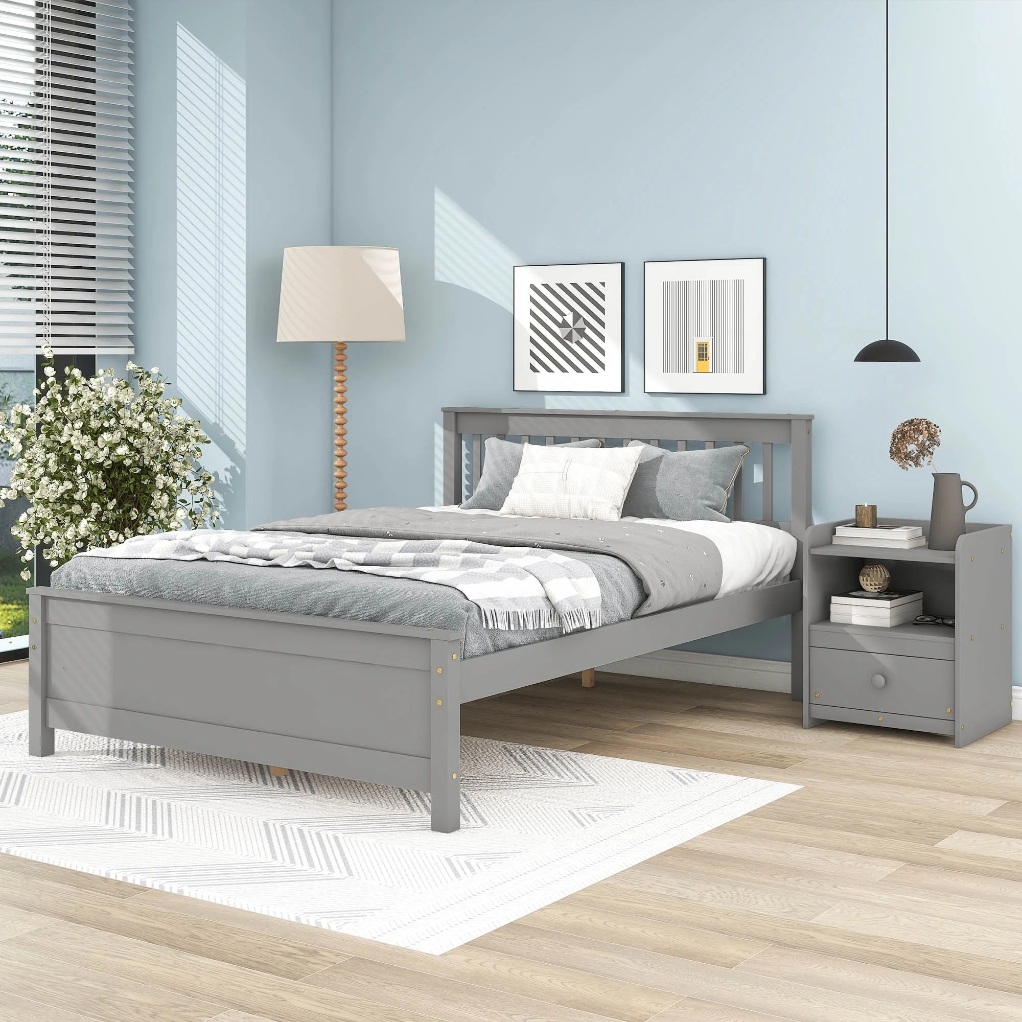 LivEditor Full Bed with Headboard,Footboard and a Nightstand Full - Grey