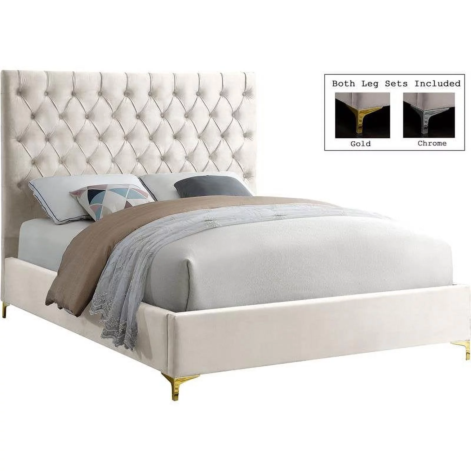 Meridian Furniture Cruz Contemporary Wood Tufted Platform Bed, Full, Cream/Gold