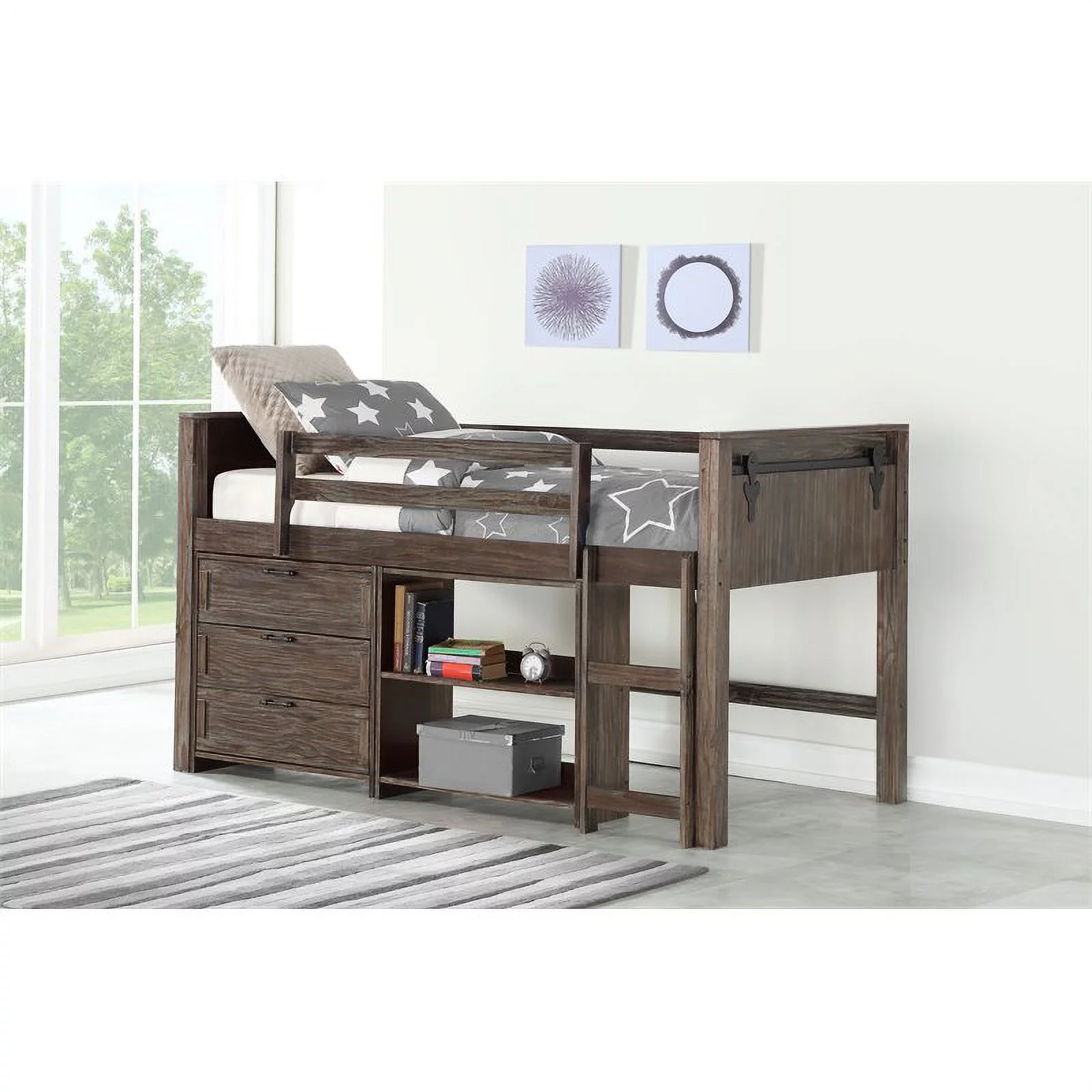 Donco Kids PD-0318TBS-Modular-C3 Twin Barn Door Low Loft with 3 Drawer Chest & Small Bookcase - Brushed Shadow
