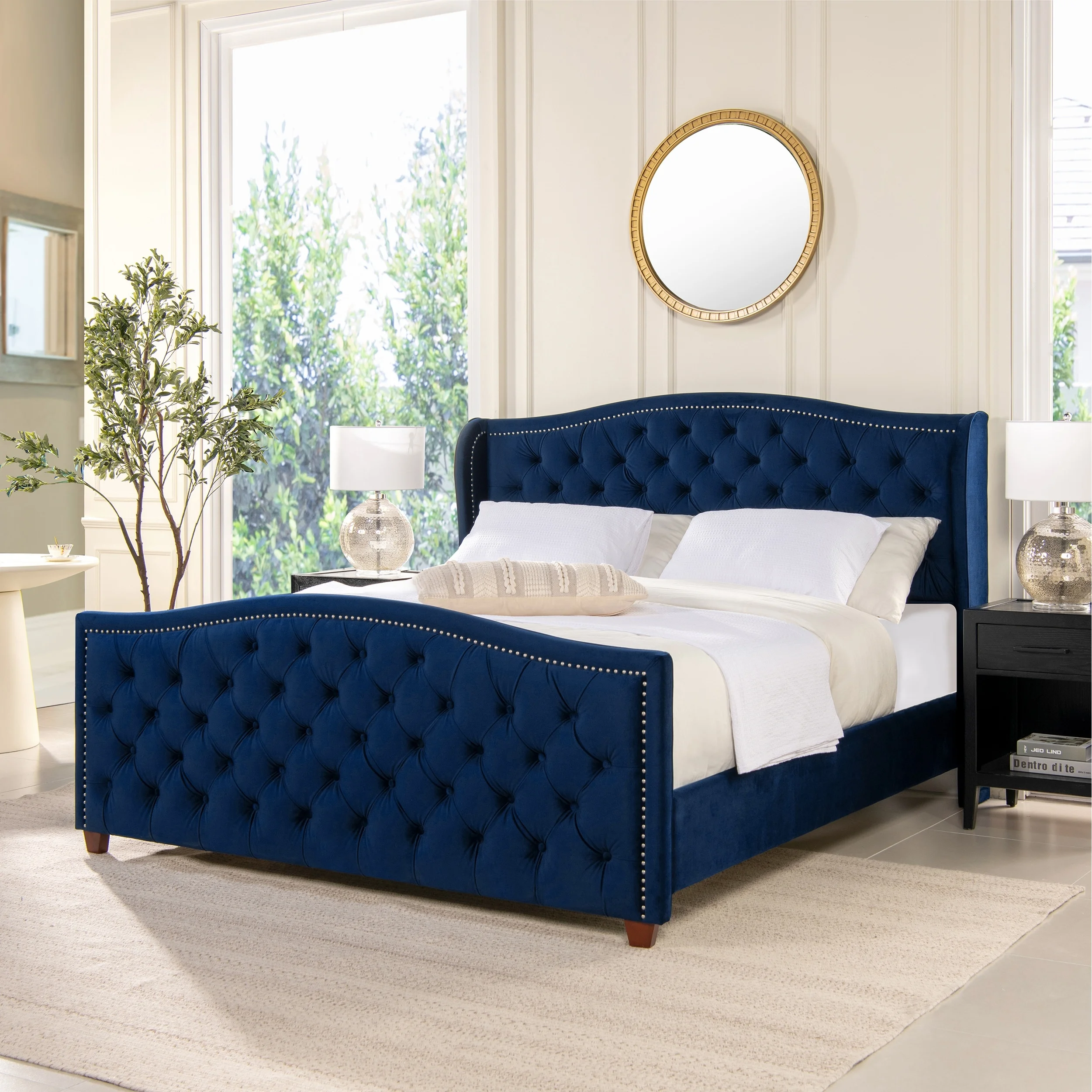 Marcella Tufted Wingback King Bed Navy Blue