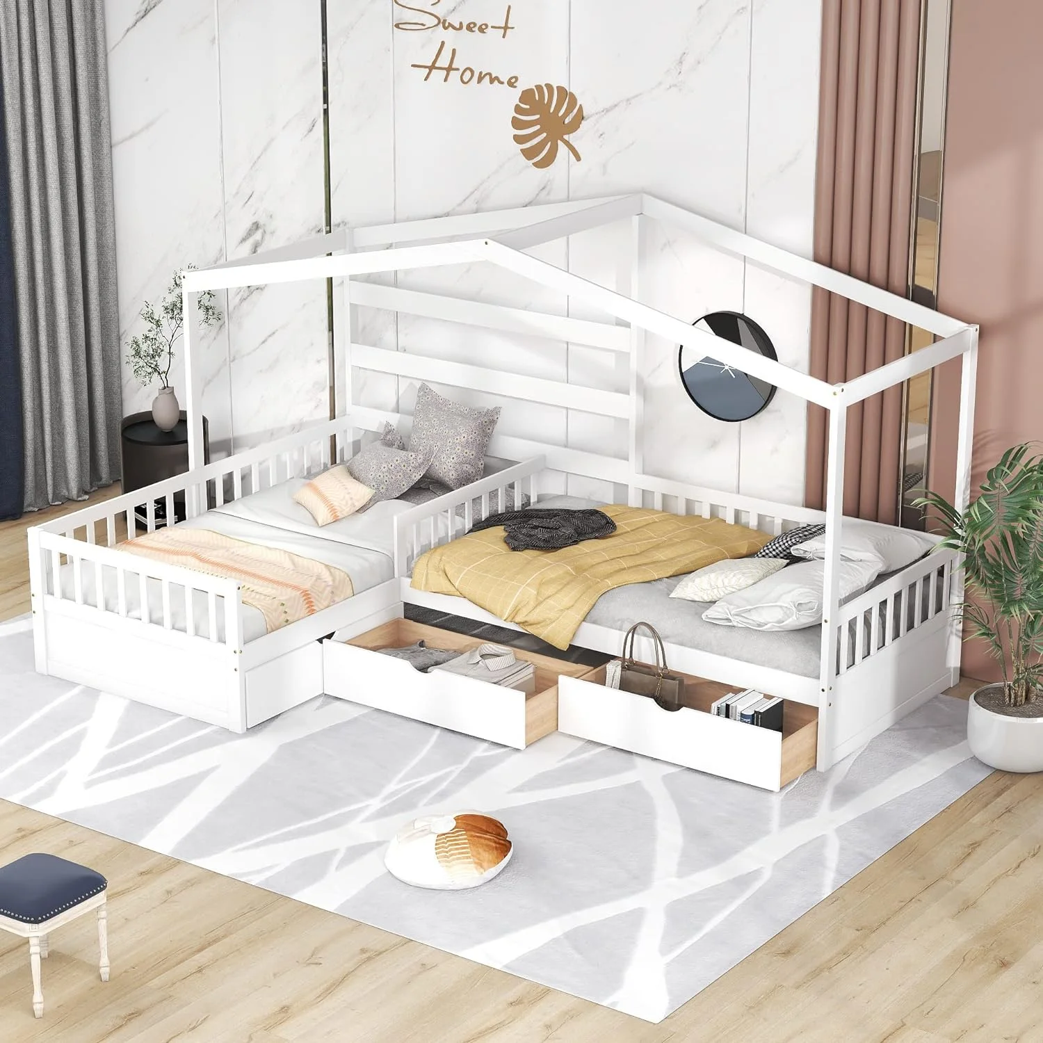 L Shaped Bed For 2 Kids, Size House Bed With 3 Storage Drawers, Security Guardrail And Roof, Solid Wood Corner Platform Bed Frame, Bedroom Furniture For Kids, White