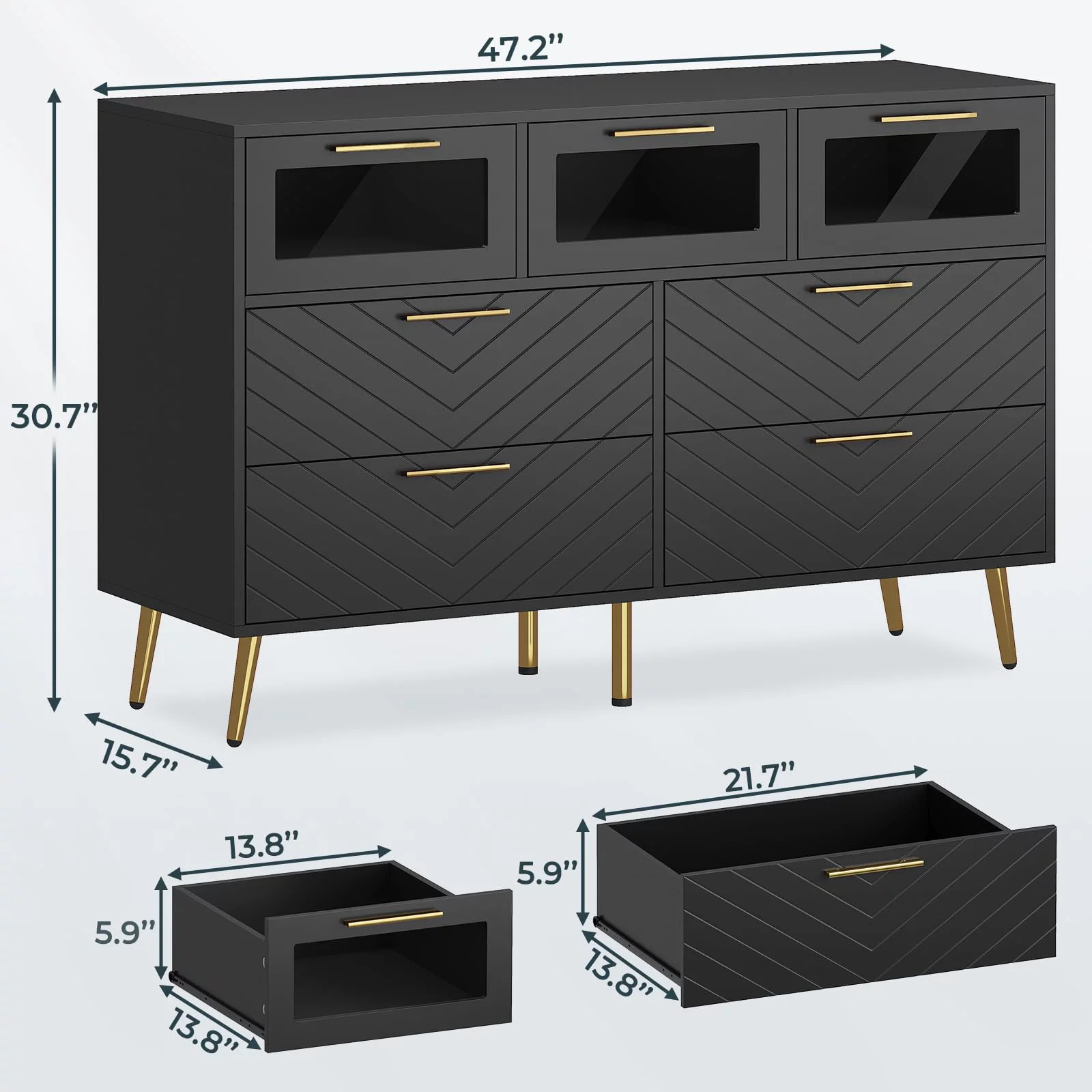 Dresser for Bedroom with LED Light, Modern 7 Drawer Dresser with Milled Grooves Design, Black