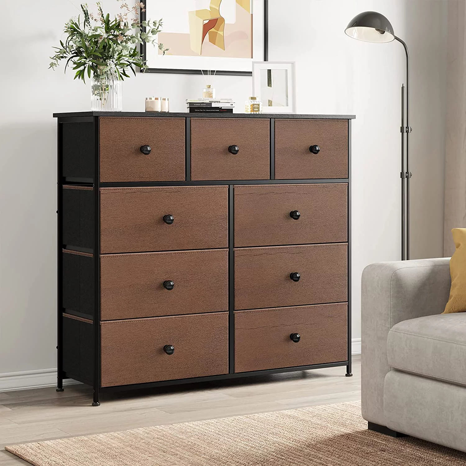 LNboomLife 9 Drawer Steel Frame Bedroom Organizer Chest Dresser with Waterproof Top Adjustable Feet and Wall Safety Attachment Espresso