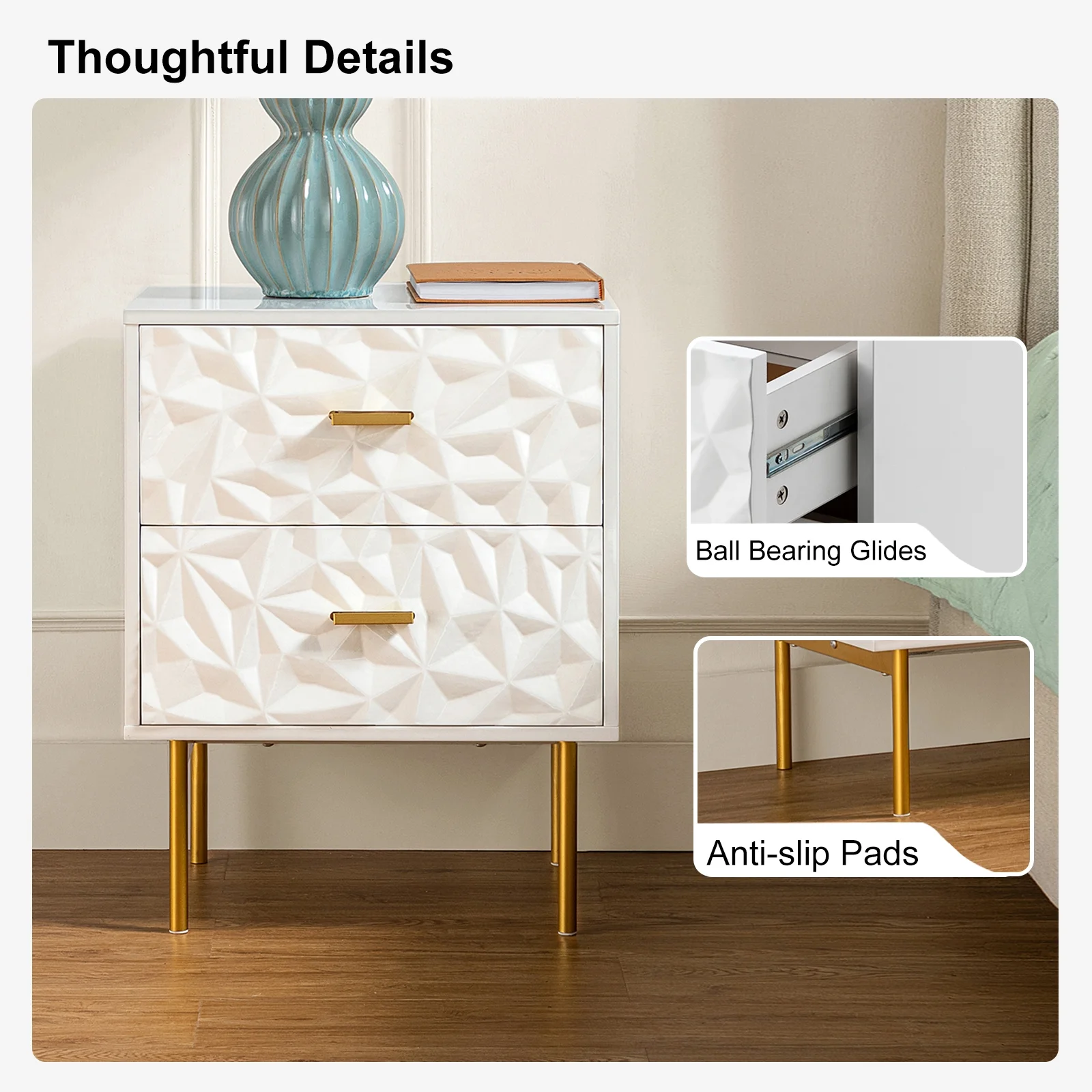 2 Drawers Nightstand Dresser Contemporary Classic Bedside Table Set of 2 for Bedroom Home Decor,White