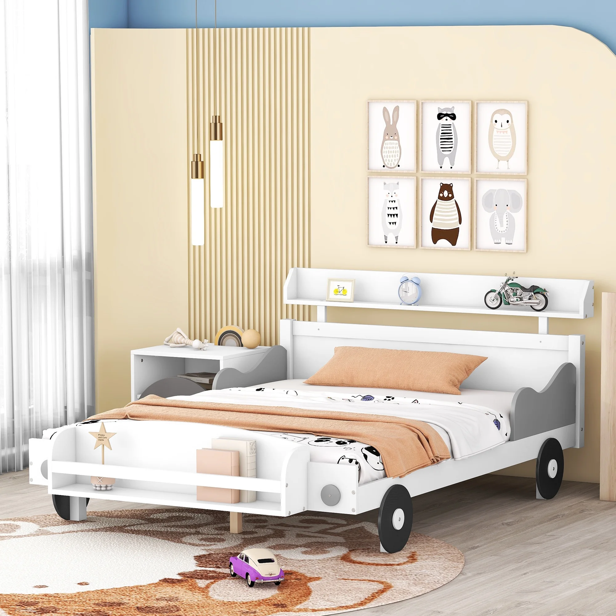 CoSoTower Full Size Car-Shaped Platform Bed,Full Bed with Storage Shelf for Bedroom,White