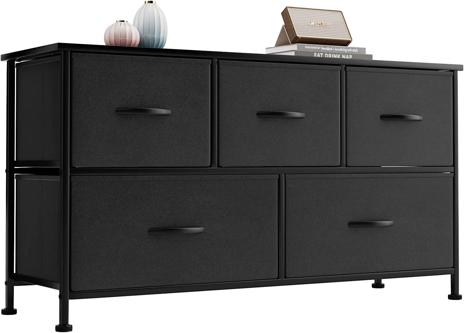 Dresser For Bedroom With 5 Drawers, Wide Chest Of Drawers With Fabric Bins, Storage Organizer Unit For Closet, Entryway, Nurseries, Hallway