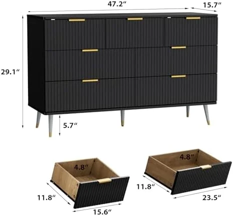 NLIBOOMLife Black Dresser 7 Drawer Dresser with Gold Handles Wood Modern Dresser for Bedroom