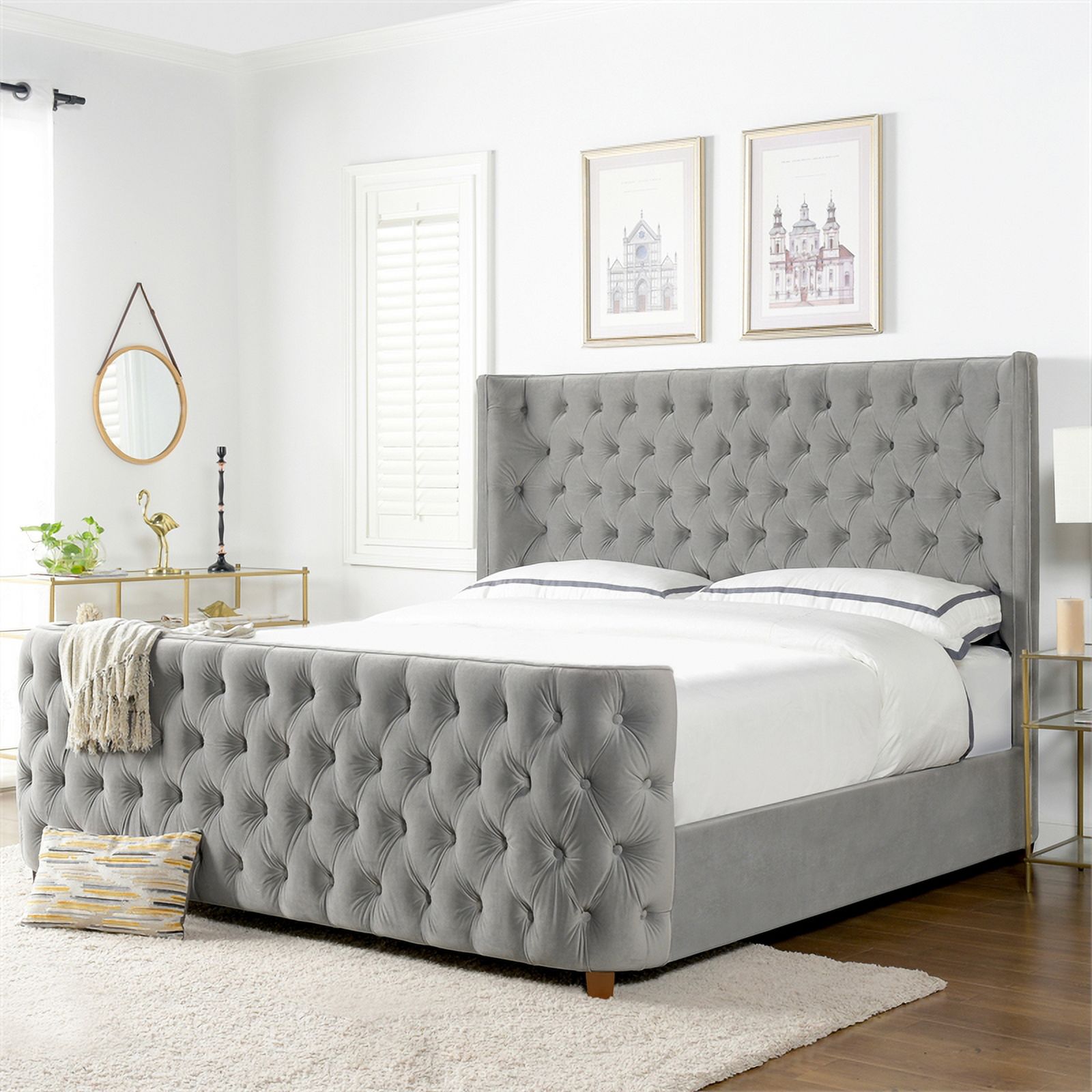 Maklaine Mid-Century King Tufted Hardwood Bed in Opal Grey