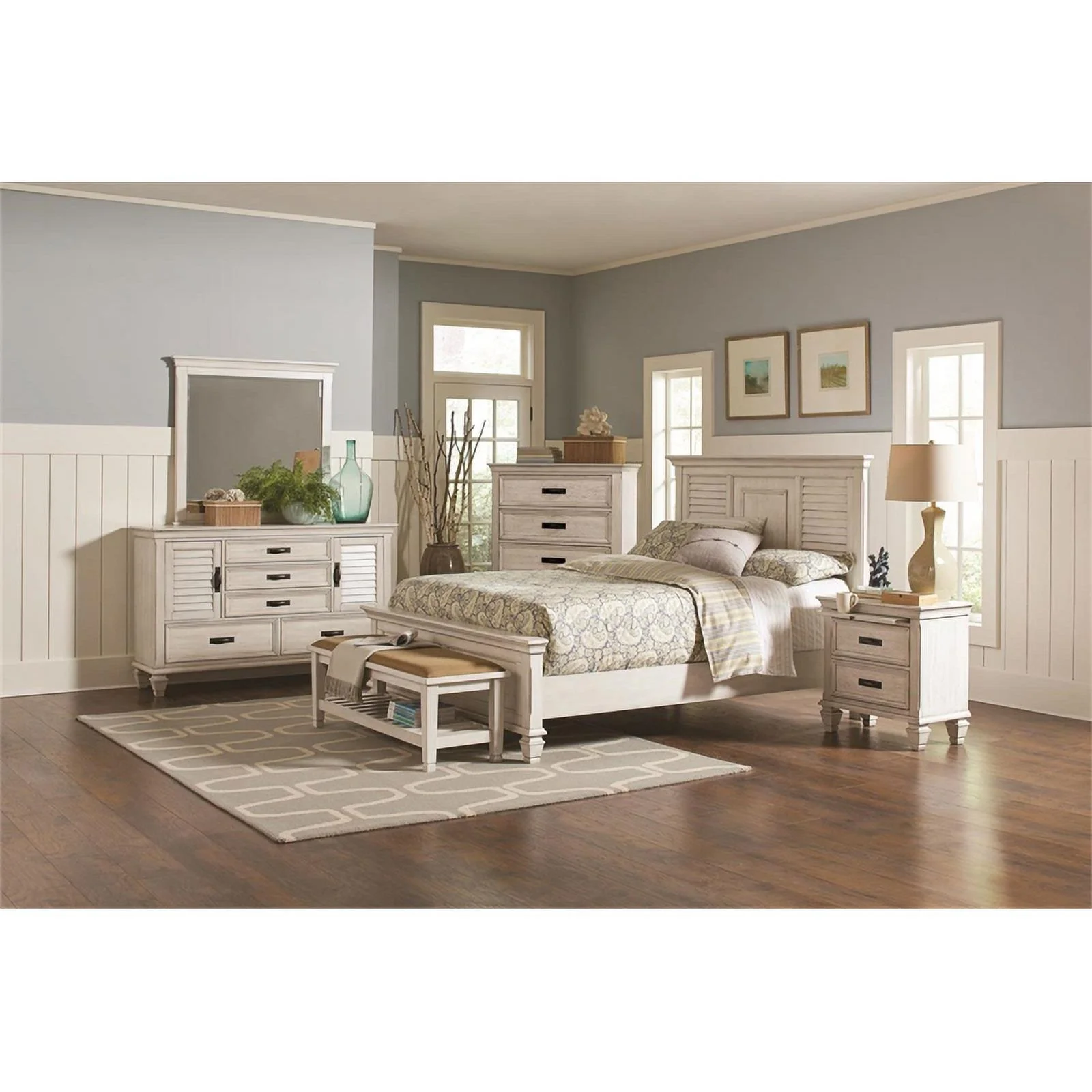Pemberly Row Farmhouse Wood Queen Panel Bed in Antique White