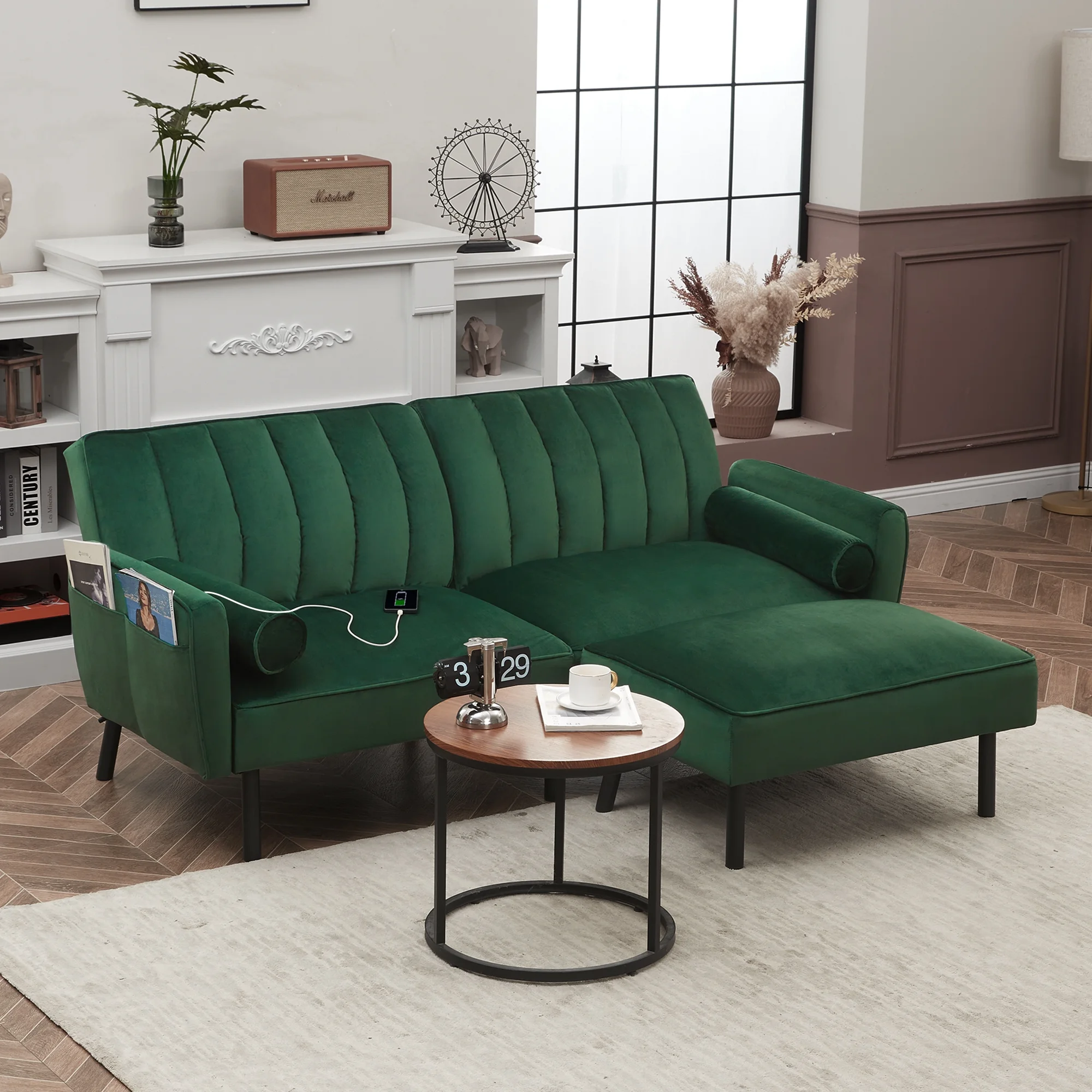 DURASPACE Futon Sofa Bed Couch Velvet Sofas with Movable Ottoman USB Charging Port Pillow Side Pocket Adjustable Back, Green