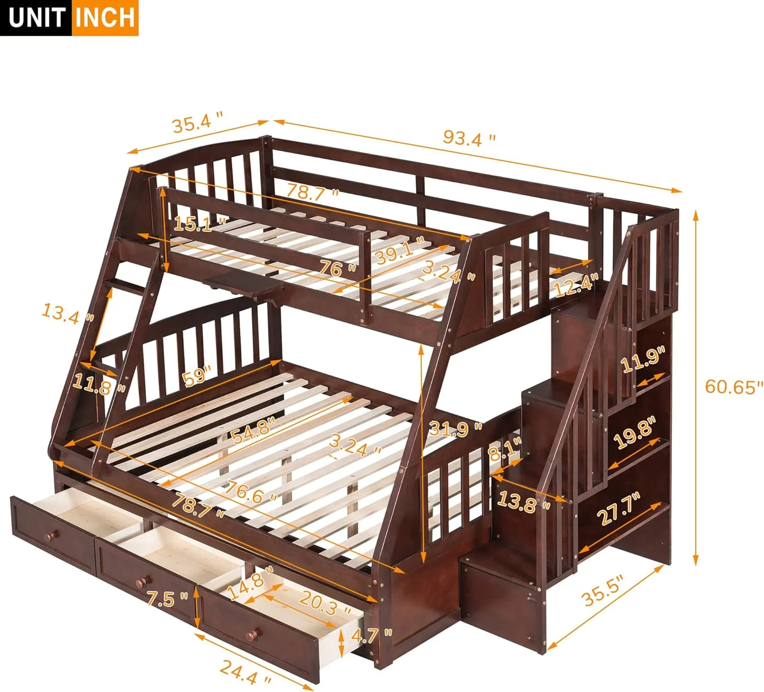 Bunk Bed With Drawers, Wood Bunk Bed Frame With Ladder And Storage Staircase, Bedroom Furniture, Espresso