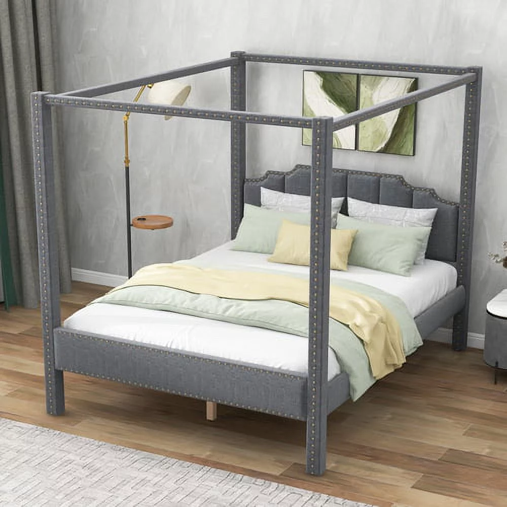 Churanty Upholstery Canopy Bed Full Size 4 Poster Full Bed Frame Wood Full Size Platform Bed Frame with Headboard,Gray