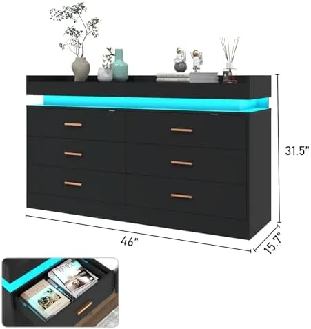 6 Drawer Dresser with LED Light Chest of Drawers for Closet Wide Drawer Organizer Cabinet for Bedroom Living Room Entryway Hallway(6 Drawer Black)