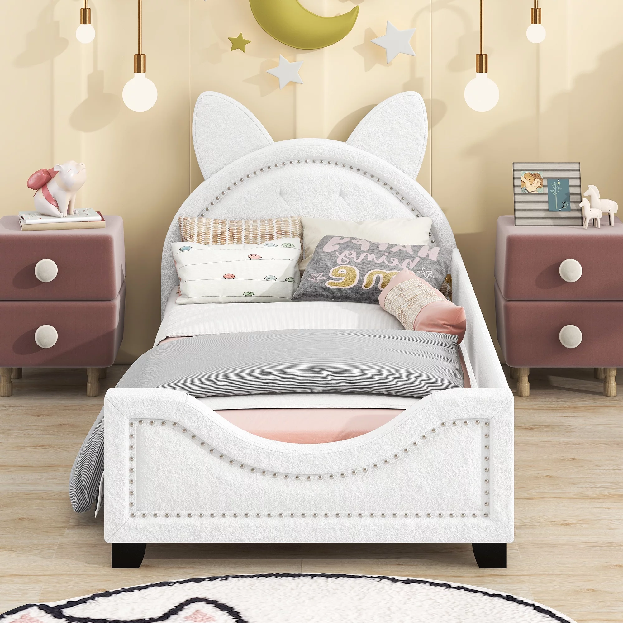 Teddy Fleece Twin Size Upholstered Platform Bed with Carton Ears Shaped Headboard, Upholstered Platform Bed Frame with Headboard(White, Twin)