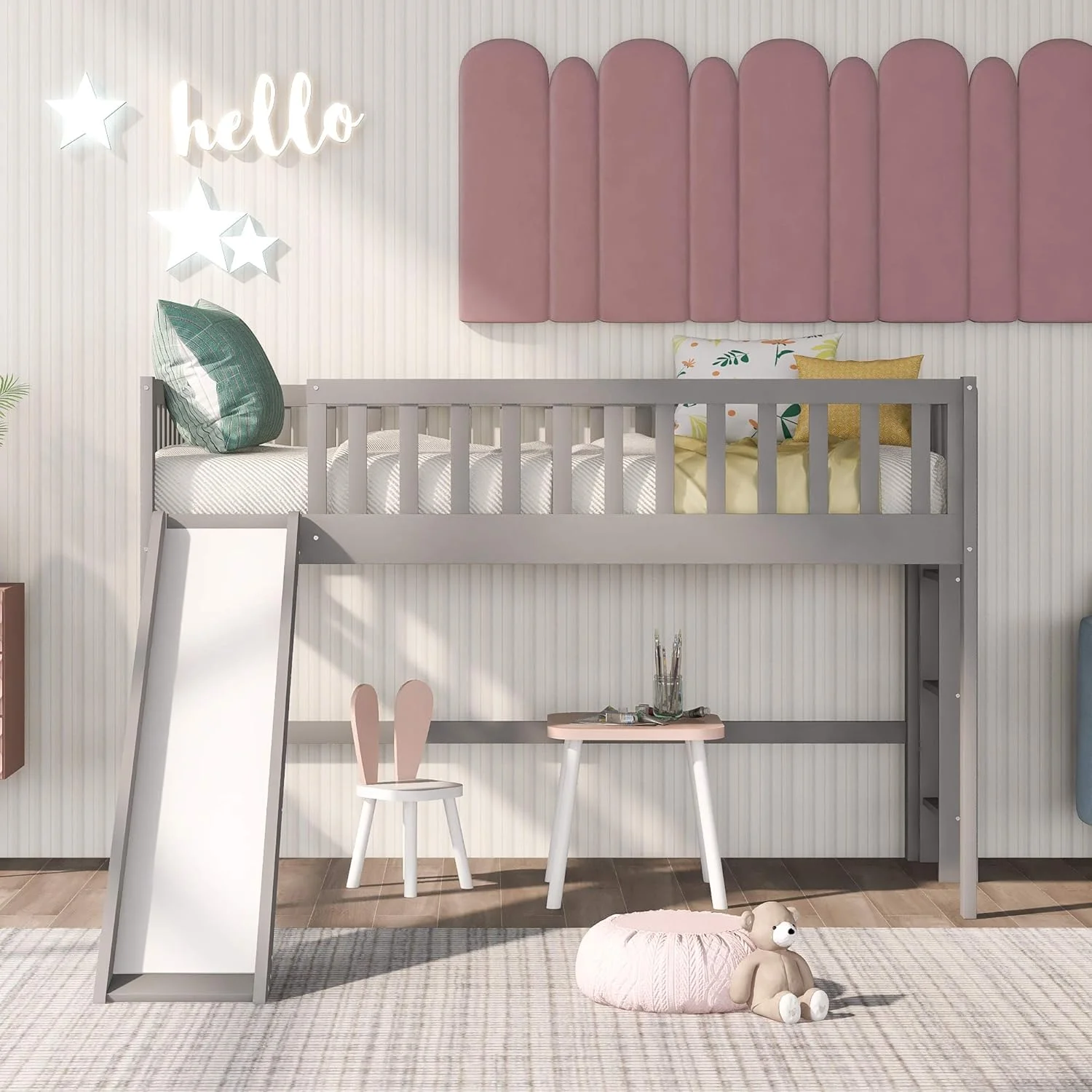 Low Loft Bed With Slide And Ladder, Junior's Loft Bed Frame For Kids Boys Girls No Box Spring Needed, (Gray Loft With Slide)